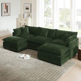 Ropilly - U Shaped Sectional Sofa, Green Chenille 3 Seater Convertible Corner Couch with Reversible Footrest - Green