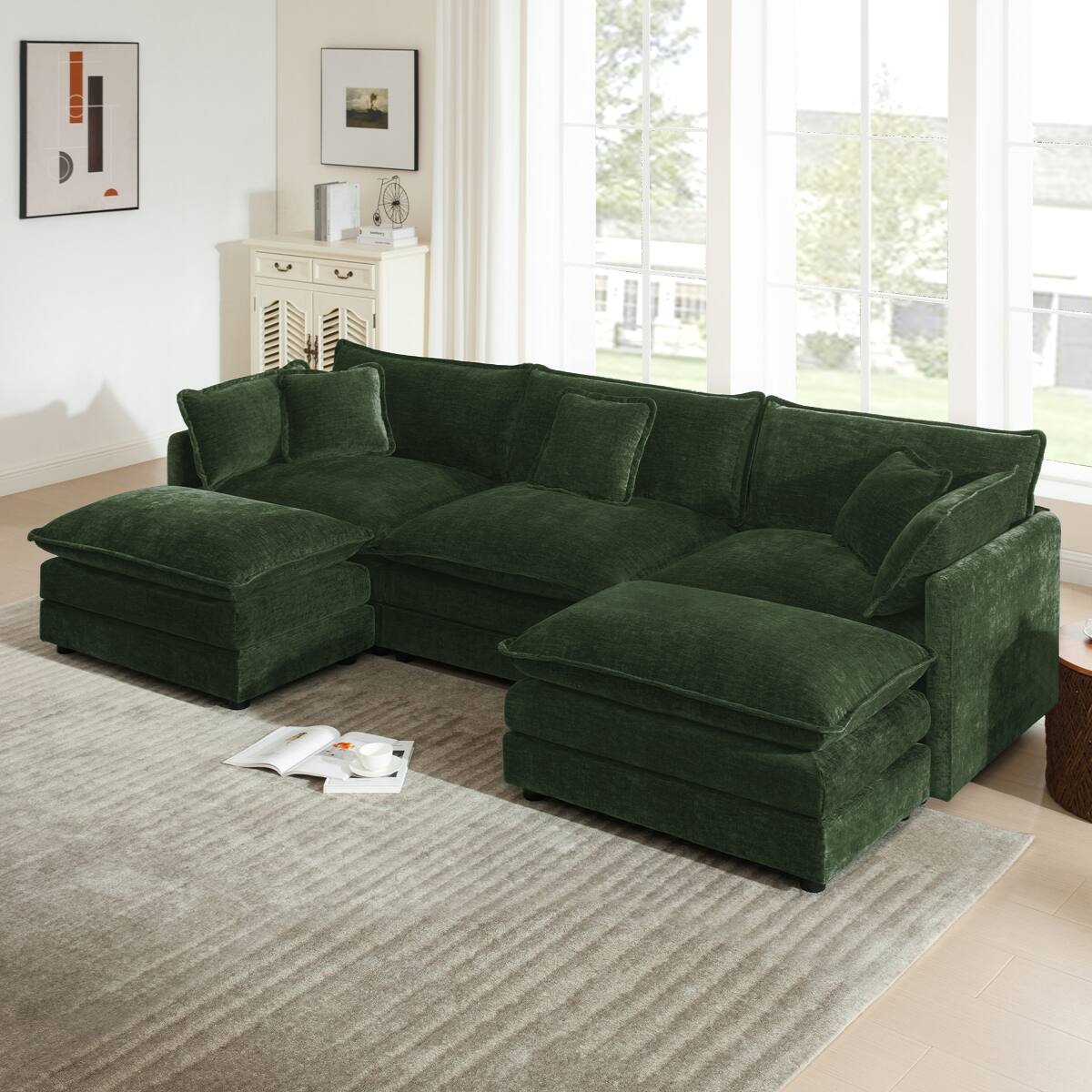 Front. Ropilly - Ropilly U Shaped Sectional Sofa, Green Chenille 3 Seater Convertible Corner Couch with Reversible Footrest - Green.