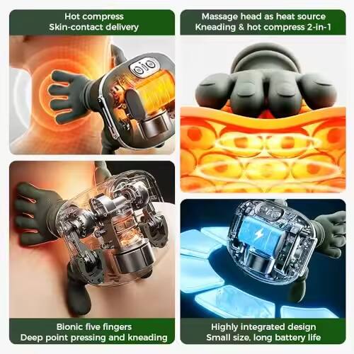 - Hot compress
  - Skin-contact delivery

- Massage head as heat source
  - Kneading & hot compress 2-in-1

- Bionic five fingers
  - Deep point pressing and kneading

- Highly integrated design
  - Small size, long battery life