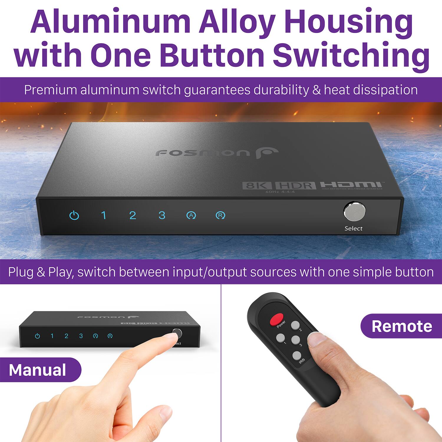 Aluminum Alloy Housing with One Button Switching

Premium aluminum switch guarantees durability & heat dissipation

Plug & Play, switch between input/output sources with one simple button

Manual

Remote