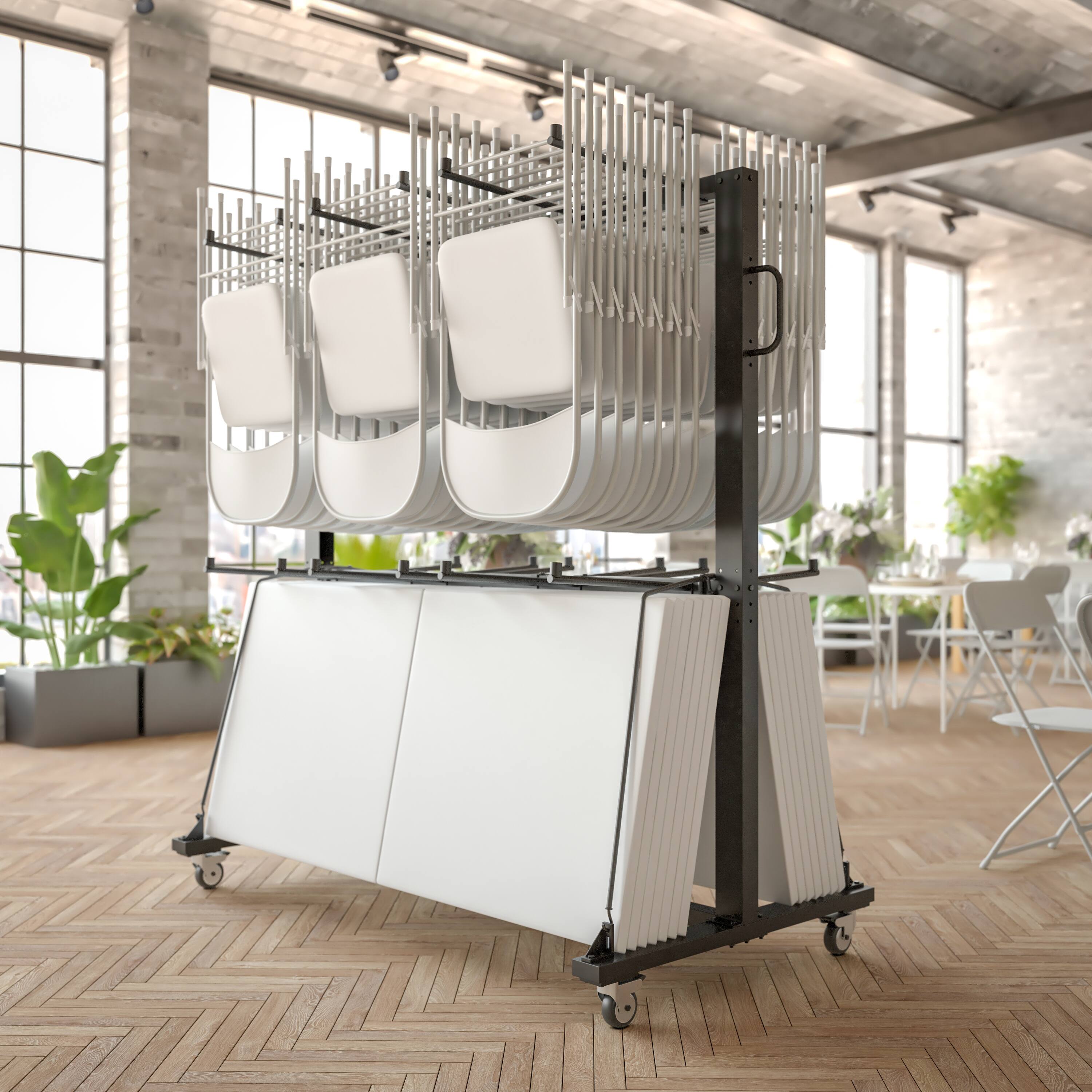Alt View 4. Emma + Oliver - Kirk Heavy Duty Folding Table and Chairs Mobile Cart with Locking Wheels and Included Outdoor Cover and Bungee Cords - Black.