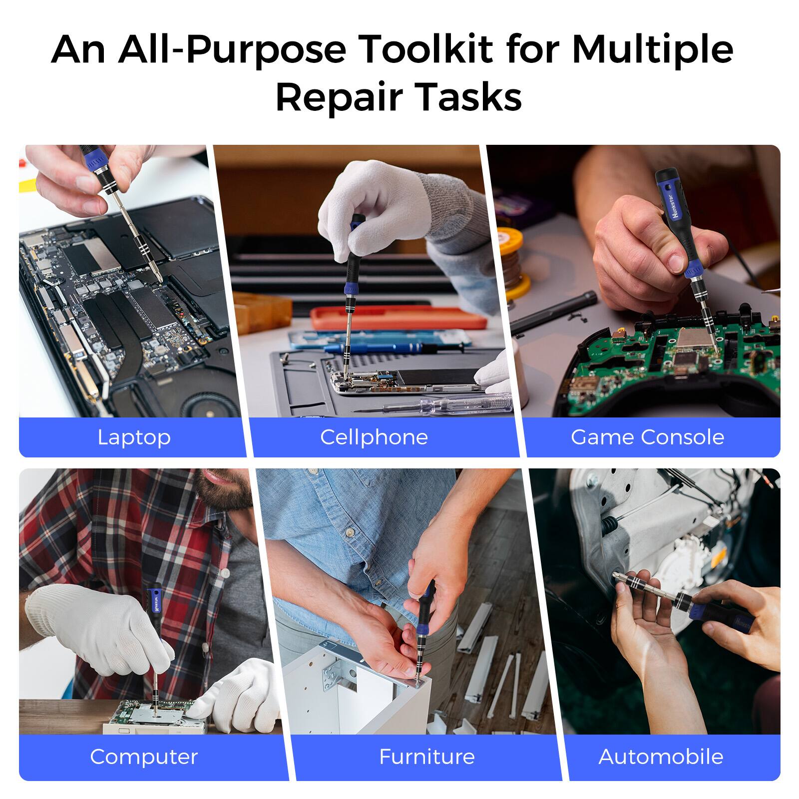 An All-Purpose Toolkit for Multiple Repair Tasks

- Laptop
- Cellphone
- Game Console
- Computer
- Furniture
- Automobile
