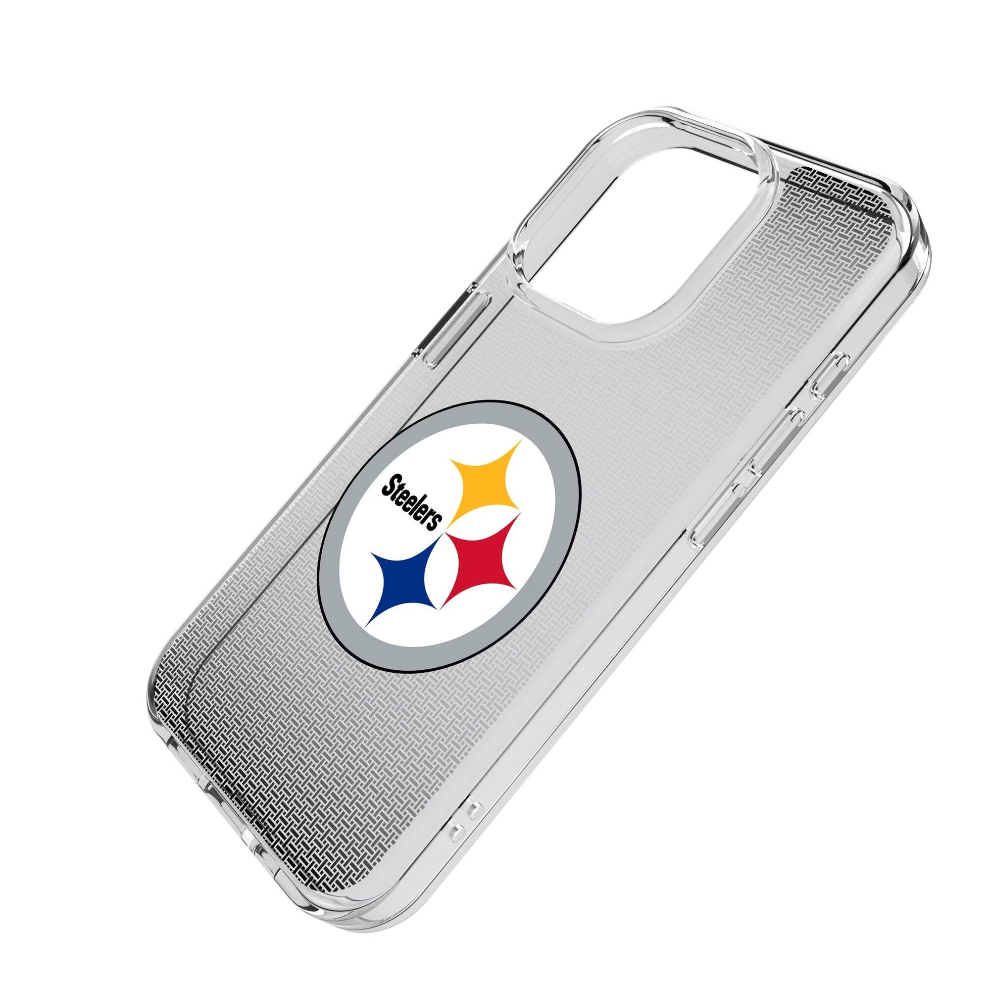 Alt View 1. Keyscaper - Pittsburgh Steelers Linen Logo iPhone Clear Case - 13 mini - Multicolor.