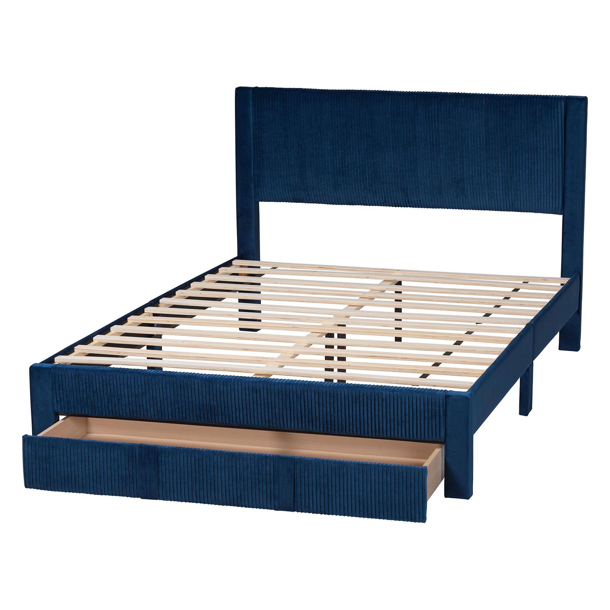 Alt View 1. Baxton Studio - Elora Modern Pleated Velvet Queen Size Storage Bed - Navy Blue.