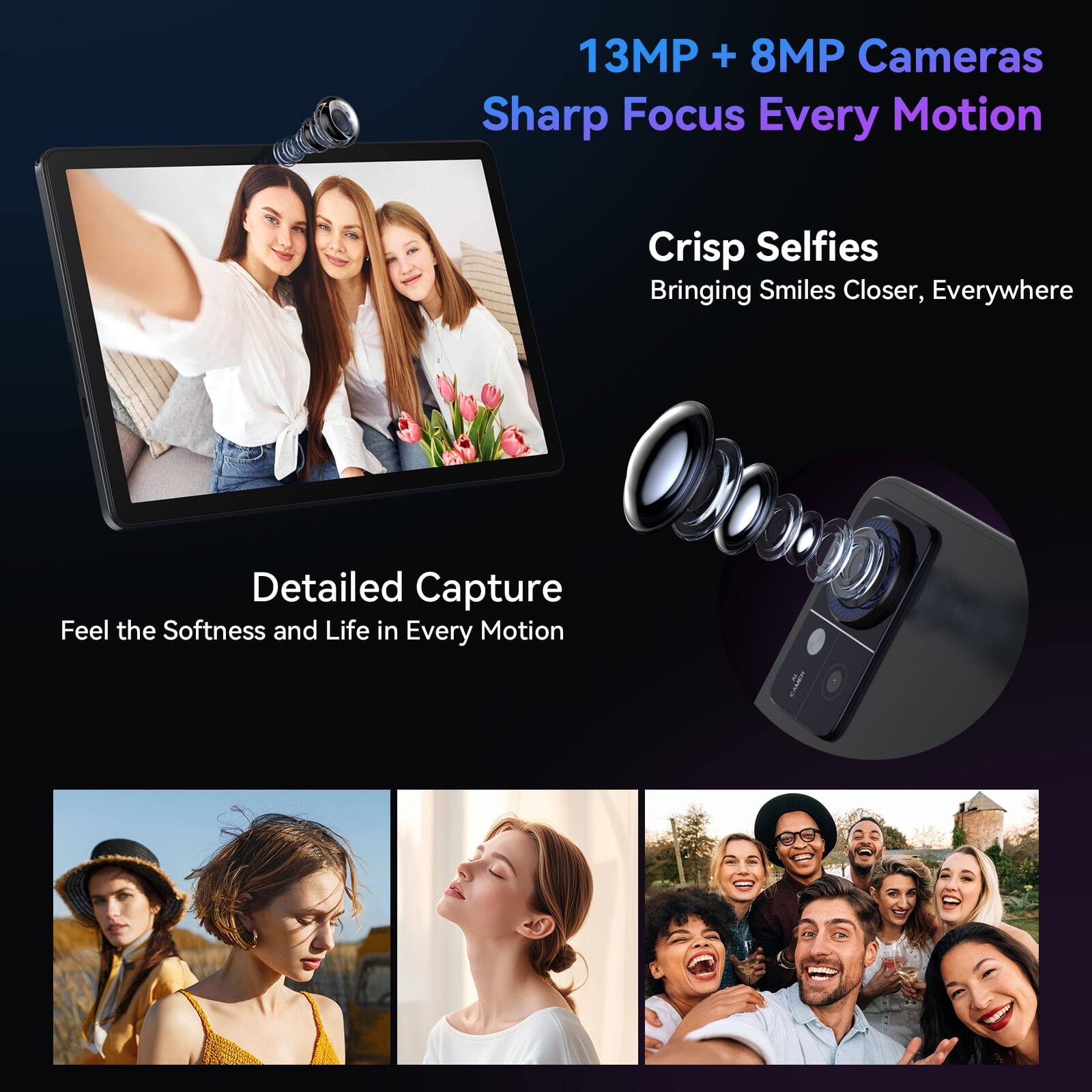 13MP + 8MP Cameras  
Sharp Focus Every Motion

Crisp Selfies  
Bringing Smiles Closer, Everywhere

Detailed Capture  
Feel the Softness and Life in Every Motion