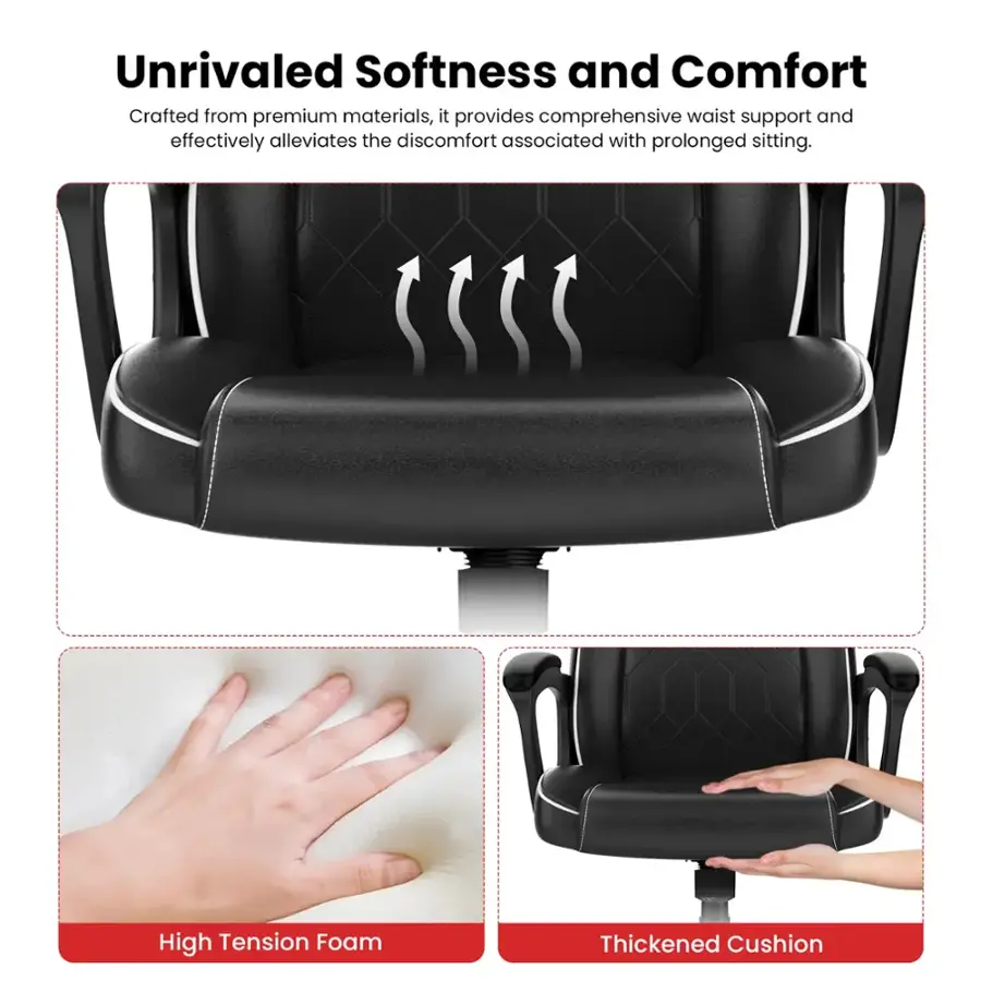 Unrivaled Softness and Comfort: Crafted from premium materials, this chair provides comprehensive waist support and effectively alleviates the discomfort associated with prolonged sitting. High Tension Foam and Thickened Cushion: The chair features a high-tension foam and thickened cushion, offering additional support and comfort for the user.