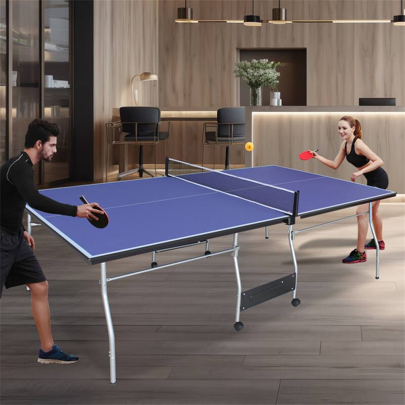 Angle. HTUTWOO - 8*4.5ft Mid-Size Table Tennis Table -Foldable & Portable Ping Pong Table Set with Net,2 Paddles and 3 Balls,Indoor Games - Blue.