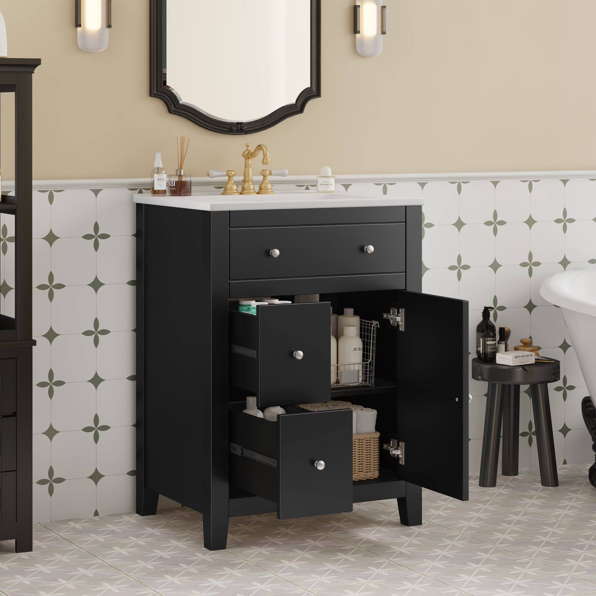 Alt View 5. Boyel Living - 24 Inch Modern Bathroom Vanity with Ceramic Basin and Drawers Black - Black.