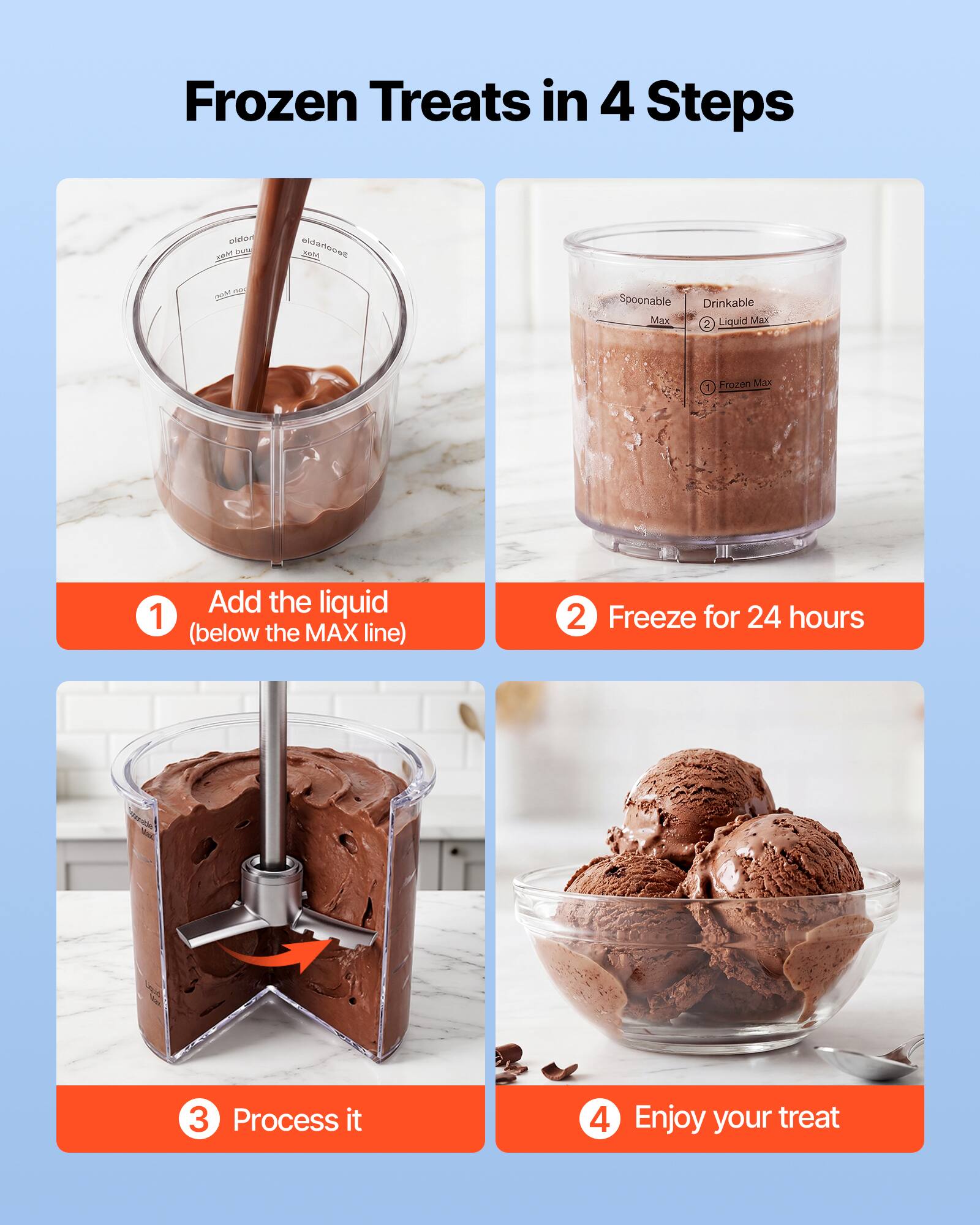 Frozen Treats in 4 Steps

1. Add the liquid (below the MAX line)
2. Freeze for 24 hours
3. Process it
4. Enjoy your treat