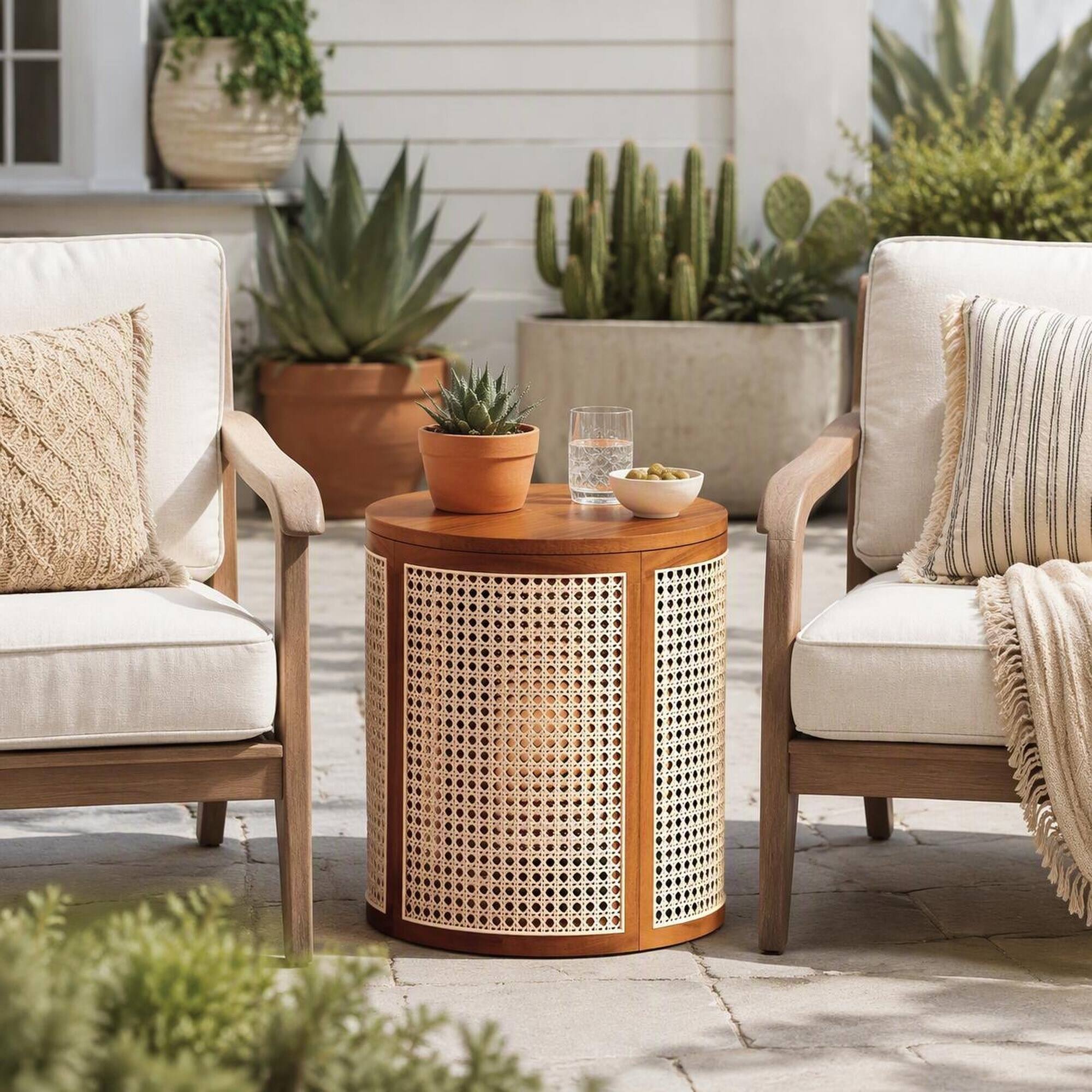 Left. RYHNUYNE - 15.7" Round Accent Table with Woven Rattan Sides,Compact Nightstand for Garden Deck Balcony - Ochre.