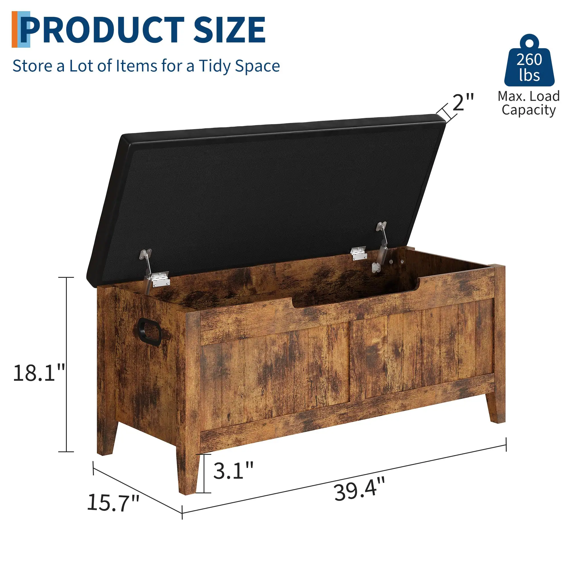 PRODUCT SIZE  
Store a Lot of Items for a Tidy Space  

- 2"  
- 18.1"  
- 15.7"  
- 3.1"  
- 39.4"  

Max. Load Capacity: 260 lbs