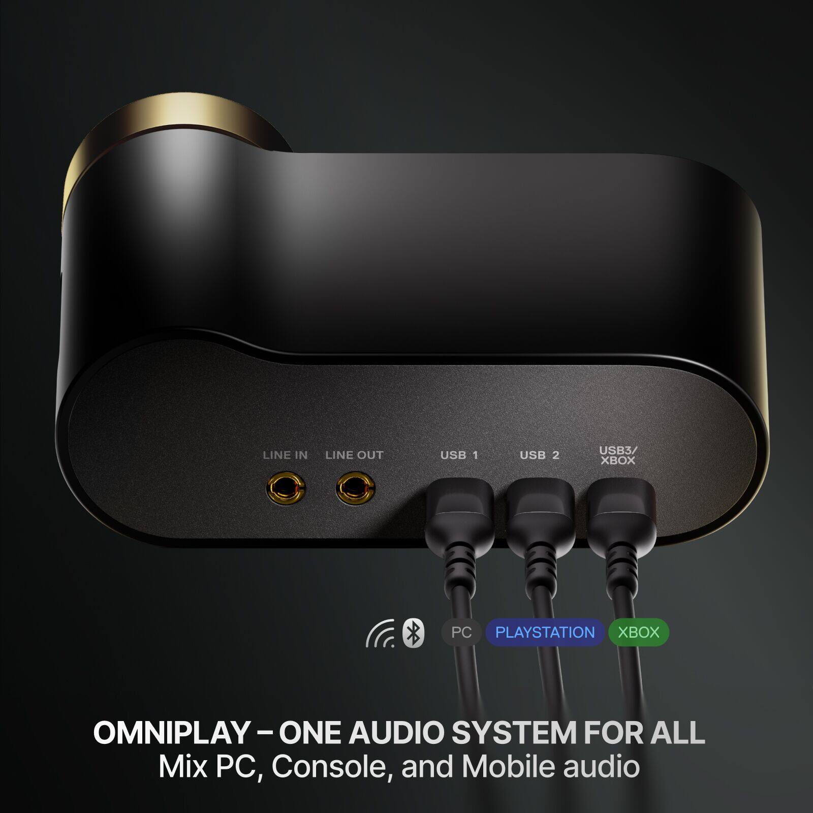 LINE IN LINE OUT USB 1 USB 2 USB3/XBOX

OMNIPLAY – ONE AUDIO SYSTEM FOR ALL

Mix PC, Console, and Mobile audio