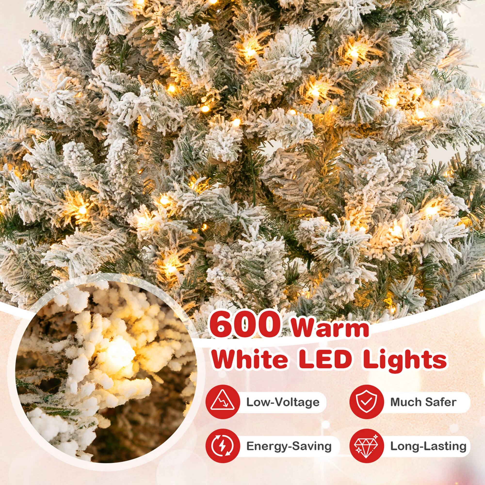 The text on the image reads: "600 Warm White LED Lights Low-Voltage Much Safer Energy-Saving Long-Lasting."
