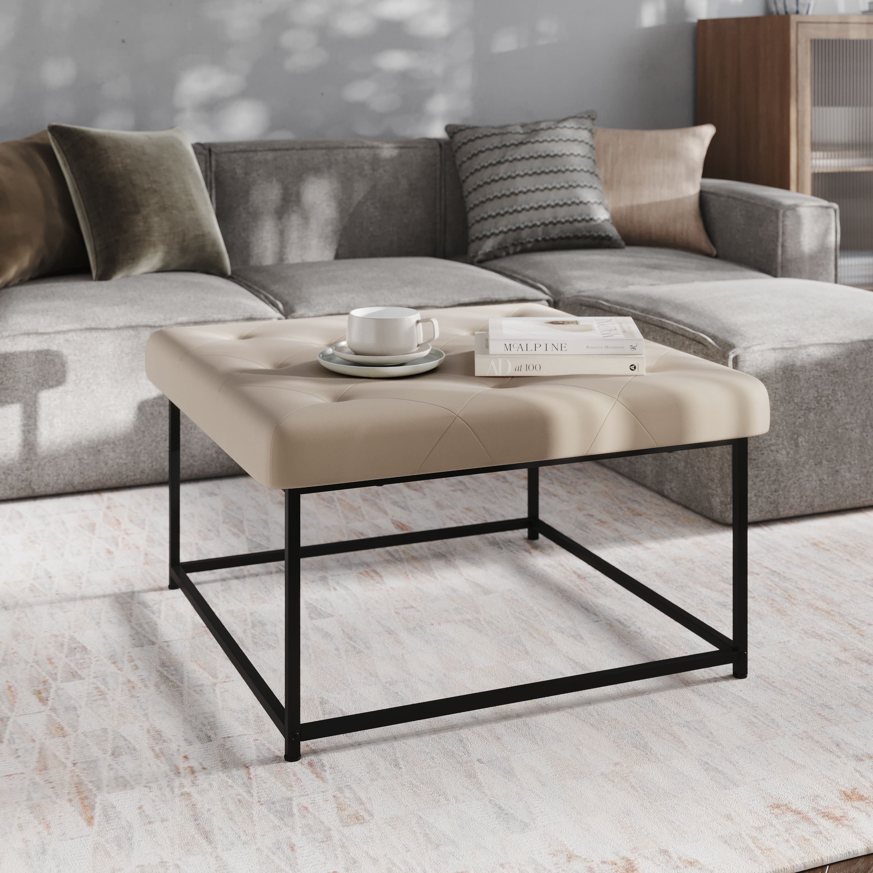 Emma + Oliver - Aranda 30 in. Faux Leather Square Ottoman with Tufted Design and Sturdy Iron Frame - Beige