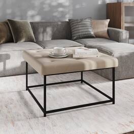 Emma + Oliver - Aranda 30 in. Faux Leather Square Ottoman with Tufted Design and Sturdy Iron Frame - Beige