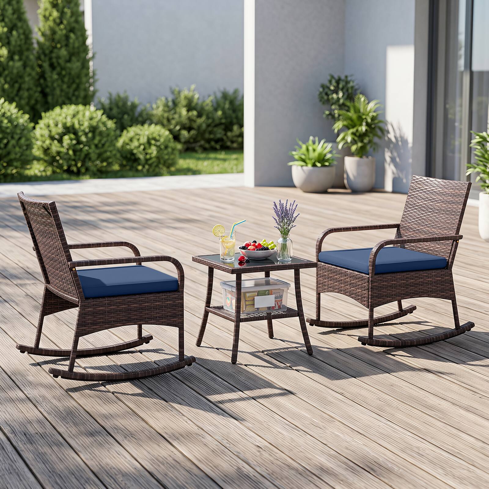 Alt View 4. Costway - Costway 3PCS PE Wicker Rocking Bistro Set with 2-Tier Side Table, Cushions & Armchairs - Mix Brown+Navy Blue.