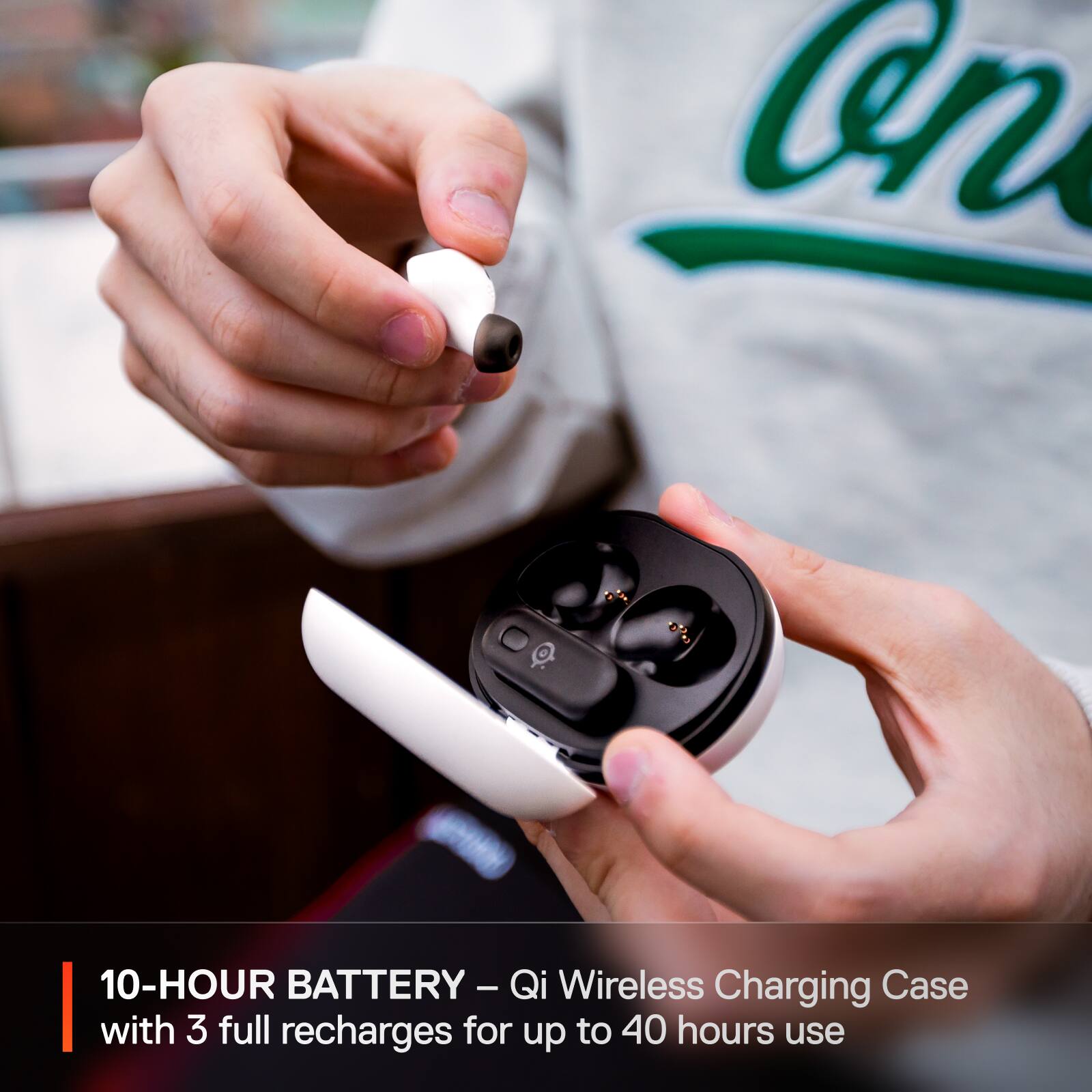 The text on the image reads: "10-hour battery - Qi wireless charging case with 3 full recharges for up to 40 hours use."