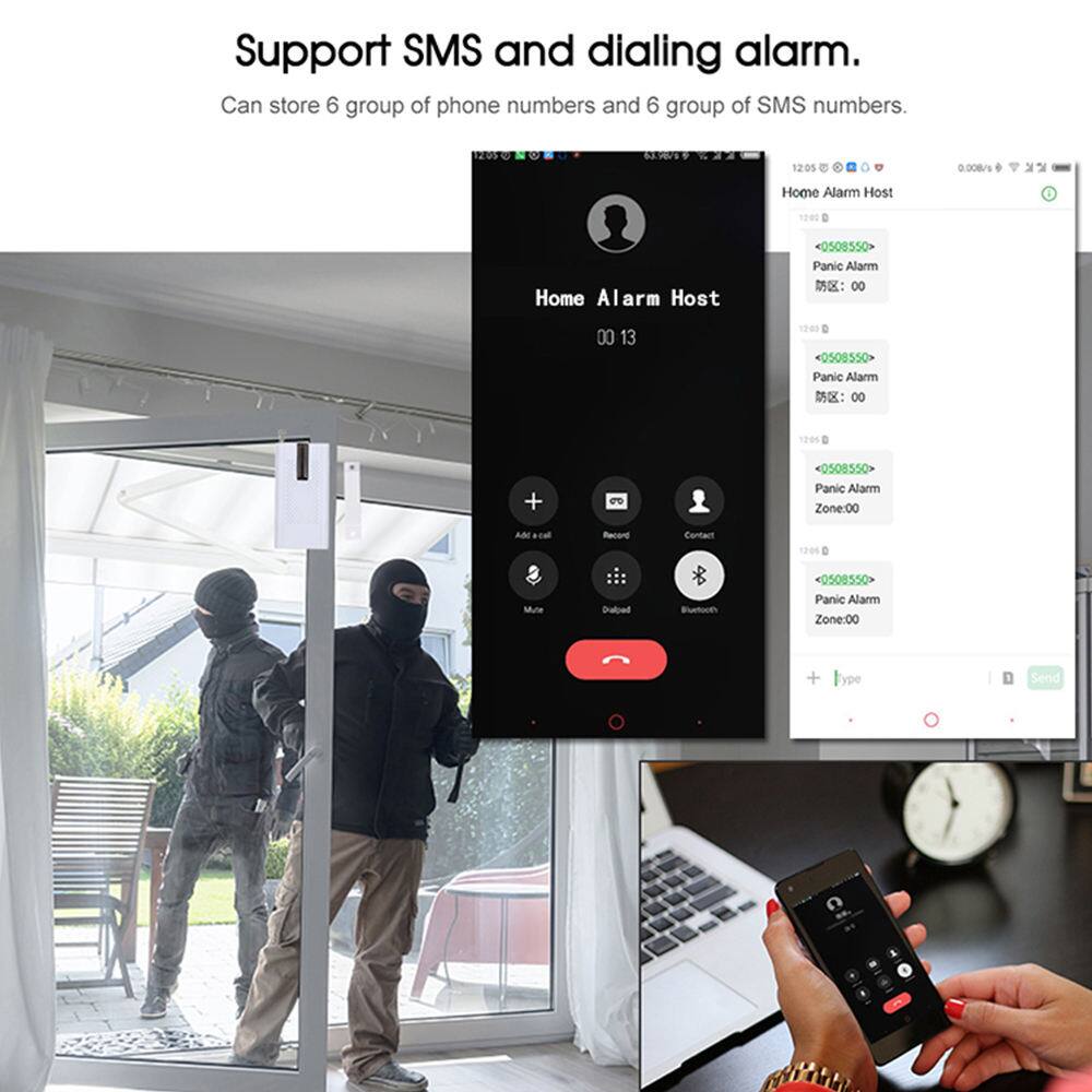Support SMS and dialing alarm.  
Can store 6 group of phone numbers and 6 group of SMS numbers.  

Home Alarm Host  
00 13  

Panic Alarm  
Zone: 00  

Panic Alarm  
Zone: 00  

Panic Alarm  
Zone: 00  

Panic Alarm  
Zone: 00