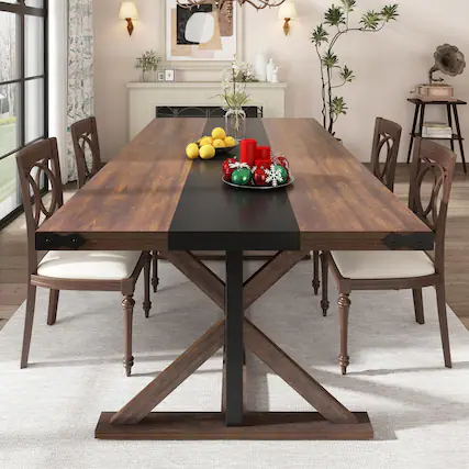 Front. Lent Glitter Wood - 71" Farmhouse Dining Table for 6 Waterproof Wood Tabletop & Wood Strip Base - Brown.