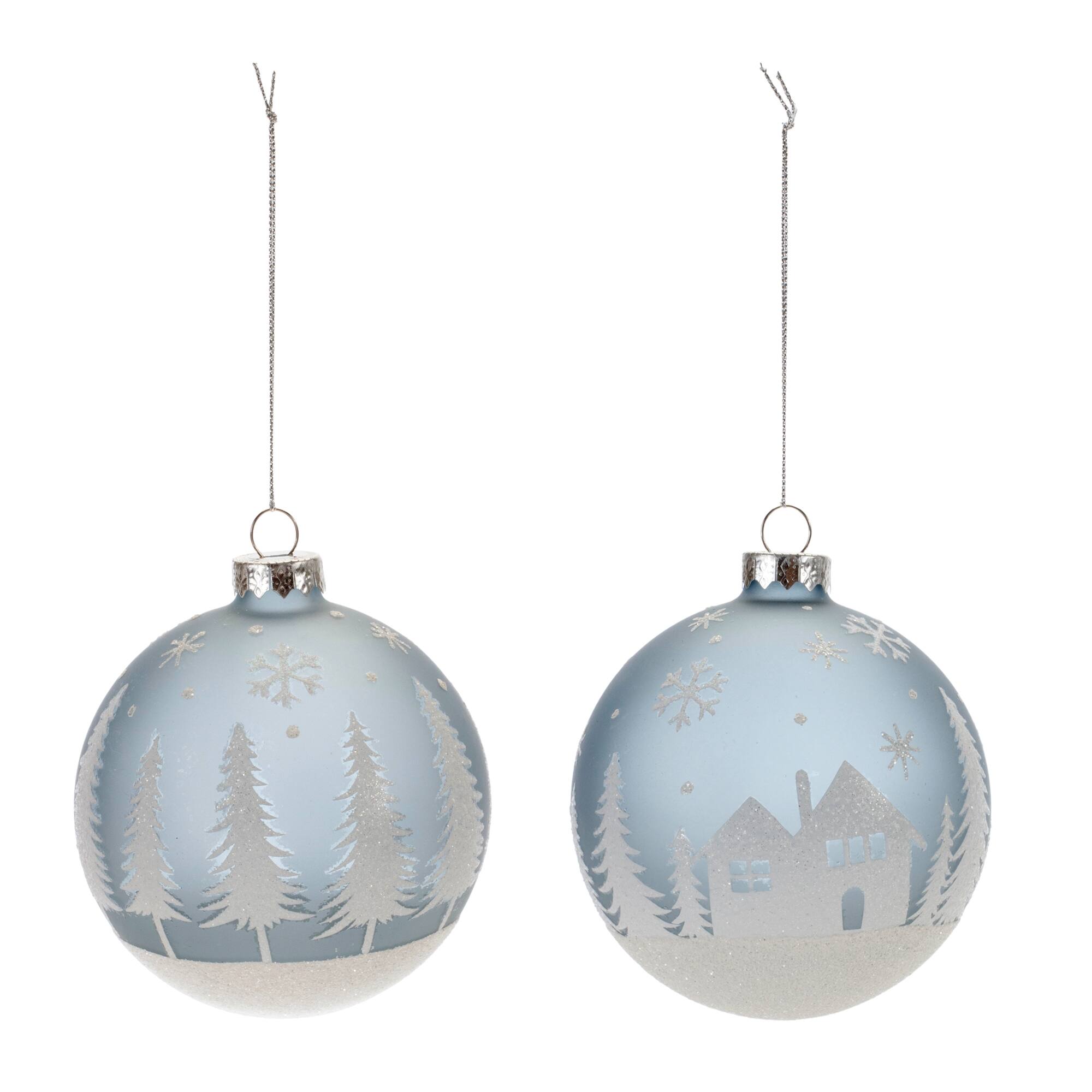 Angle. BreeBe - Frosted Forest and Village Ball Ornament (Set of 6) - Blue, White.