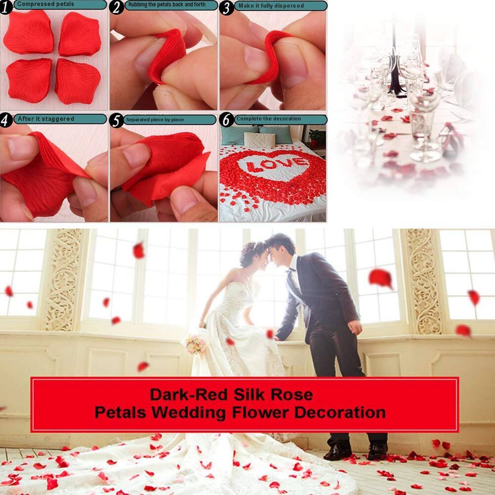 1. Compressed petals  
2. Rubbing the petals back and forth  
3. Make it fully dispersed  
4. After it staggered  
5. Separated piece by piece  
6. Complete the decoration  

Dark-Red Silk Rose Petals Wedding Flower Decoration