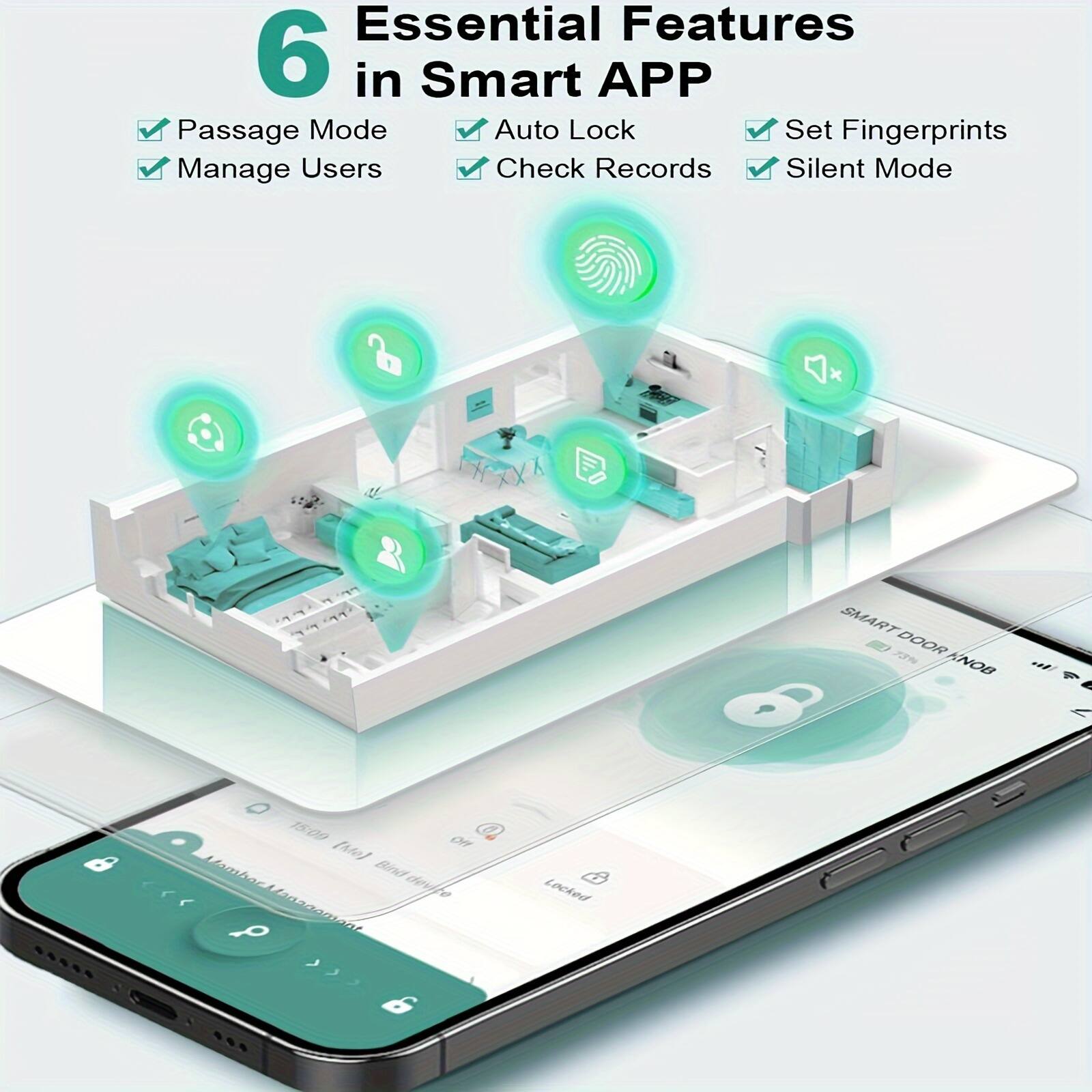 6 Essential Features in Smart APP

- Passage Mode
- Auto Lock
- Manage Users
- Check Records
- Set Fingerprints
- Silent Mode

SMART DOOR KNOB

15:00 OF 8

Locked