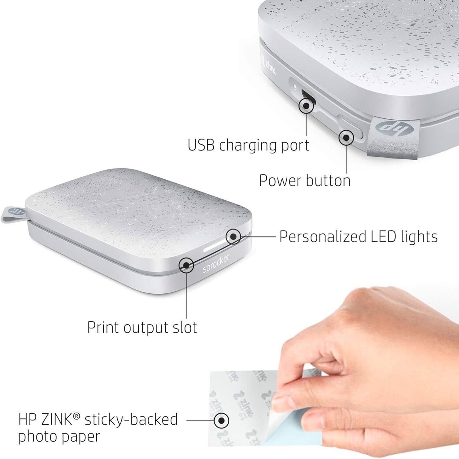 HP ZINK sticky-backed photo paper, Print output slot, USB charging port, Power button, Personalized LED lights