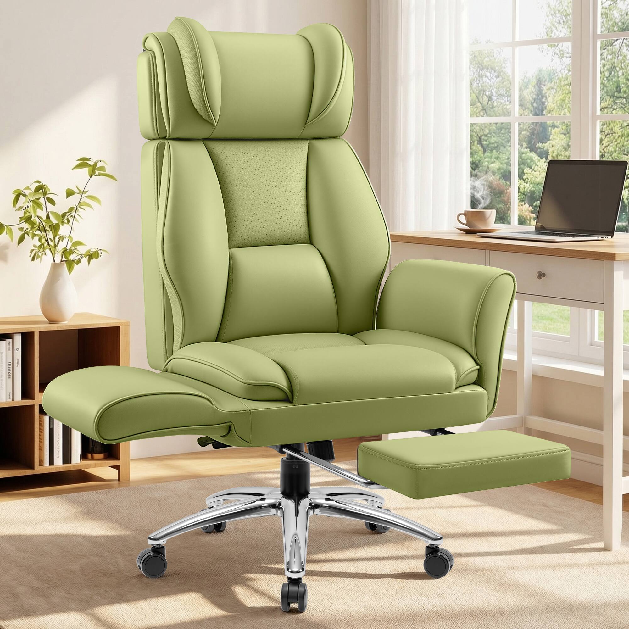 Alt View 6. KERDOM - High Back Ergonomic Office Chair with Flatable Armrest Cross Legged, PU Leather Executive Chair with Footrest Wide Seat - Green.