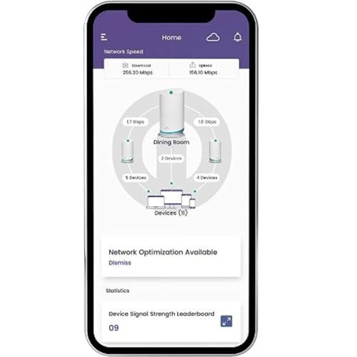 Home Network Speed  
266.20 Mbps  
166.30 Mbps  

Dining Room  
1 Device  
5 Devices  
4 Devices  

Network Optimization Available  
Dismiss  

Statistics  
Device Signal Strength Leaderboard  

09