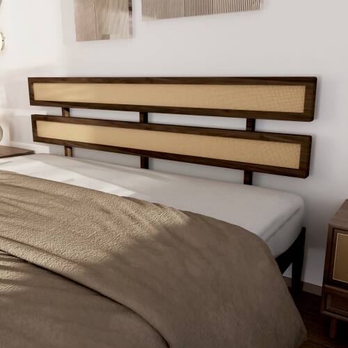 Alt View 6. Winado - Rattan Bed Frame with Headboard Boho Wooden Platform Panel Bed with Underbed Storage for Bedroom No Box Spring Needed - Brown.