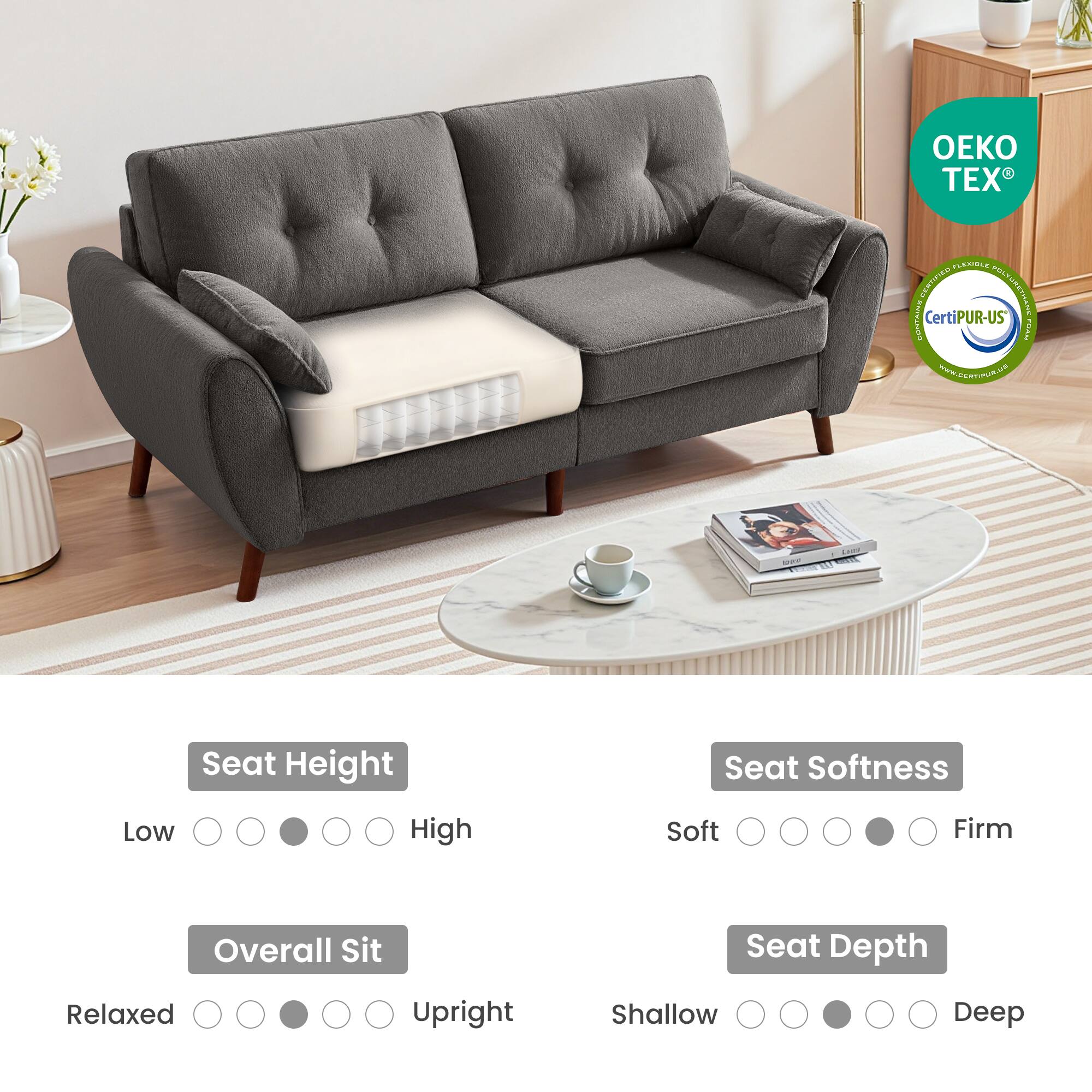 - Seat Height: Low
- Overall Sit: Relaxed
- Seat Softness: Soft
- Seat Depth: Shallow