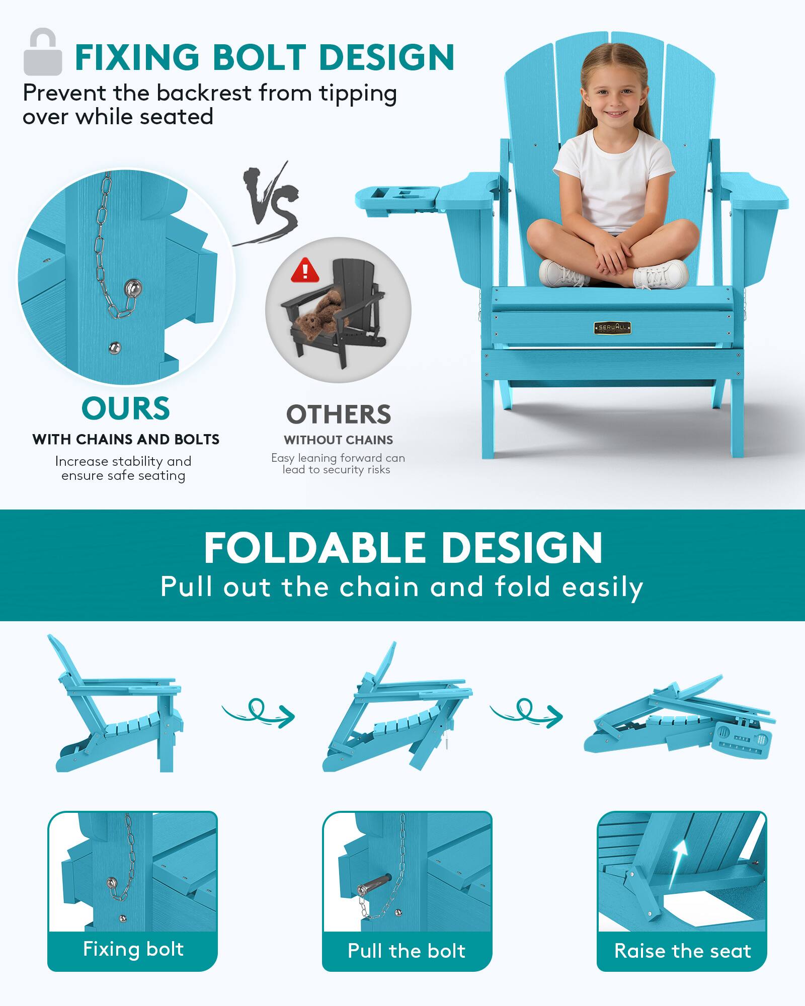 SERWALL Folding Adirondack Chair Set of 2 with 4 in 1 Cup Holder, All ...