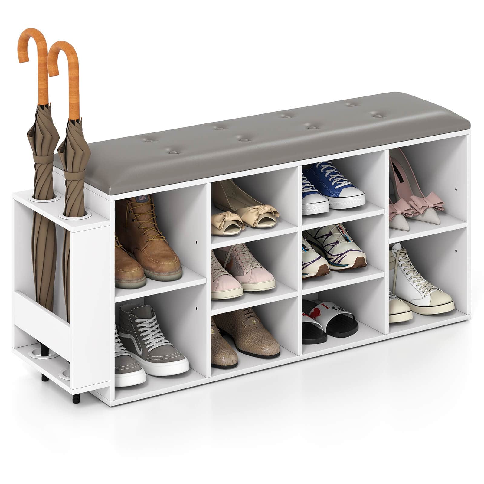 Front. Costway - Costway Wooden Shoe Bench 10-Cube Storage Organizer with Padded Cushion & Umbrella Holder White - Gray,White.