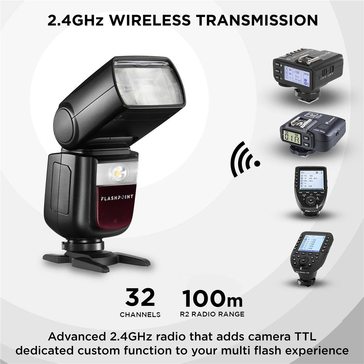 2.4GHz WIRELESS TRANSMISSION

32 CHANNELS

100m R2 RADIO RANGE

Advanced 2.4GHz radio that adds camera TTL dedicated custom function to your multi flash experience