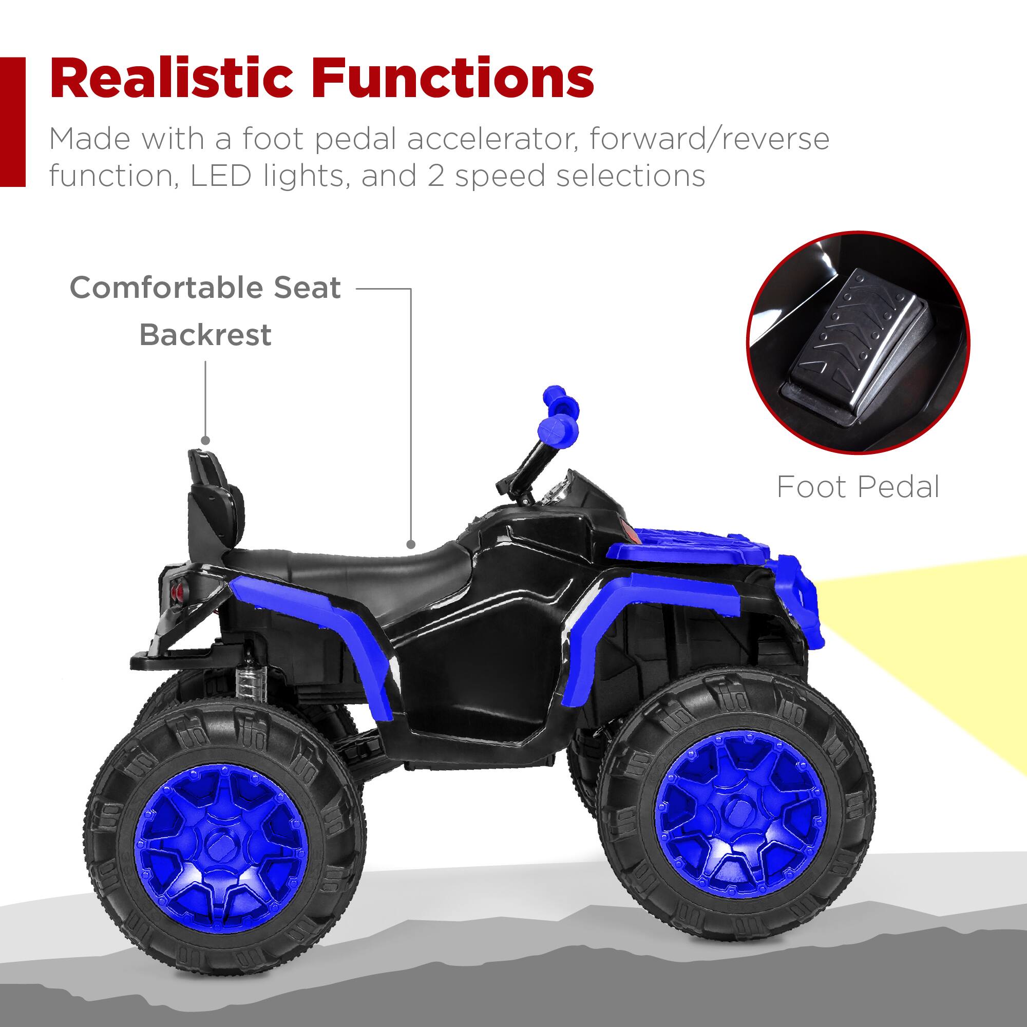 Realistic Functions  
Made with a foot pedal accelerator, forward/reverse function, LED lights, and 2 speed selections  

Comfortable Seat  
Backrest  

Foot Pedal