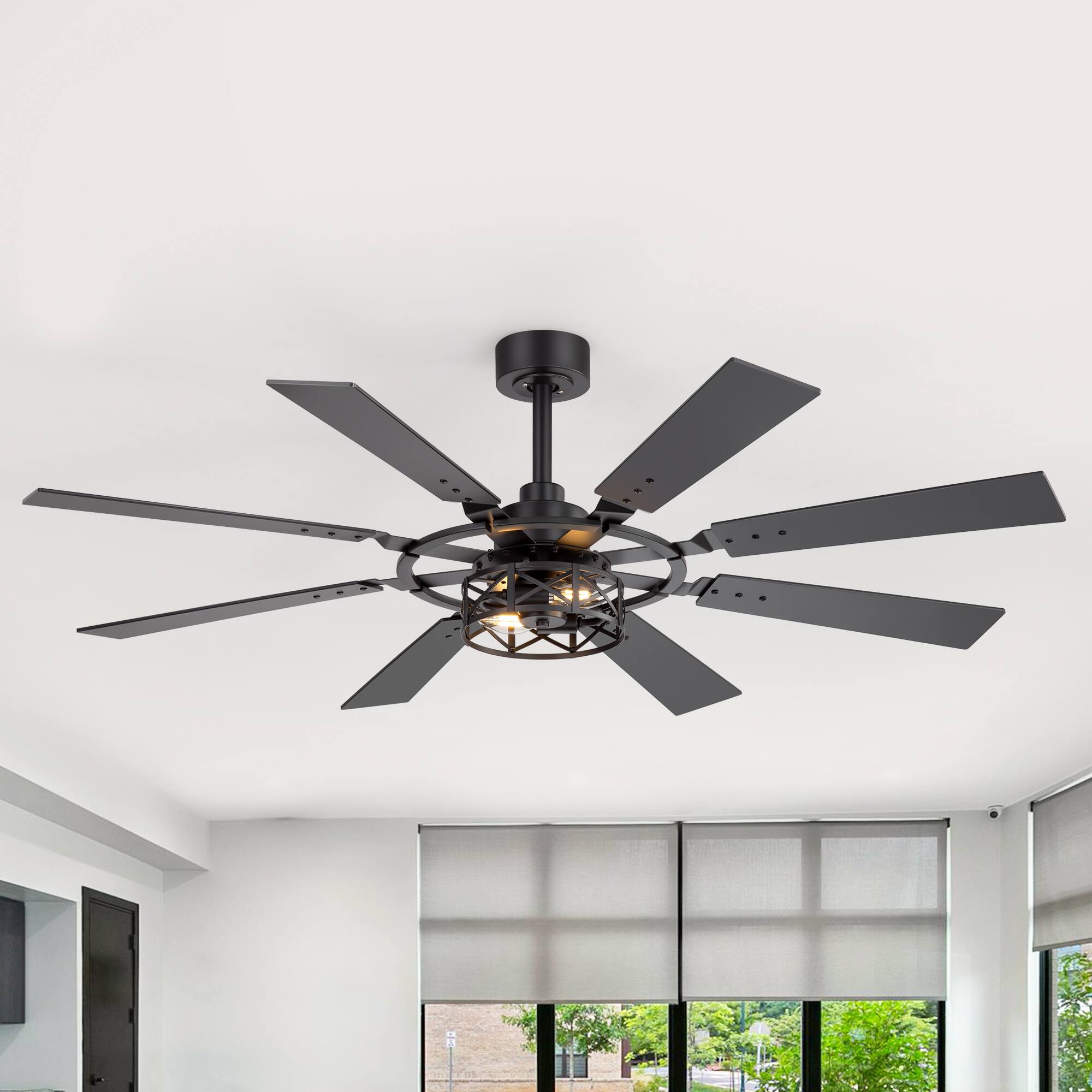 Breezary - 52'' Indoor Ceiling Fan with Light and Remote , 8 Reversible Blades, Timer, 6-Speed DC Motor, 4″& 8″ Downrod - Matte Black