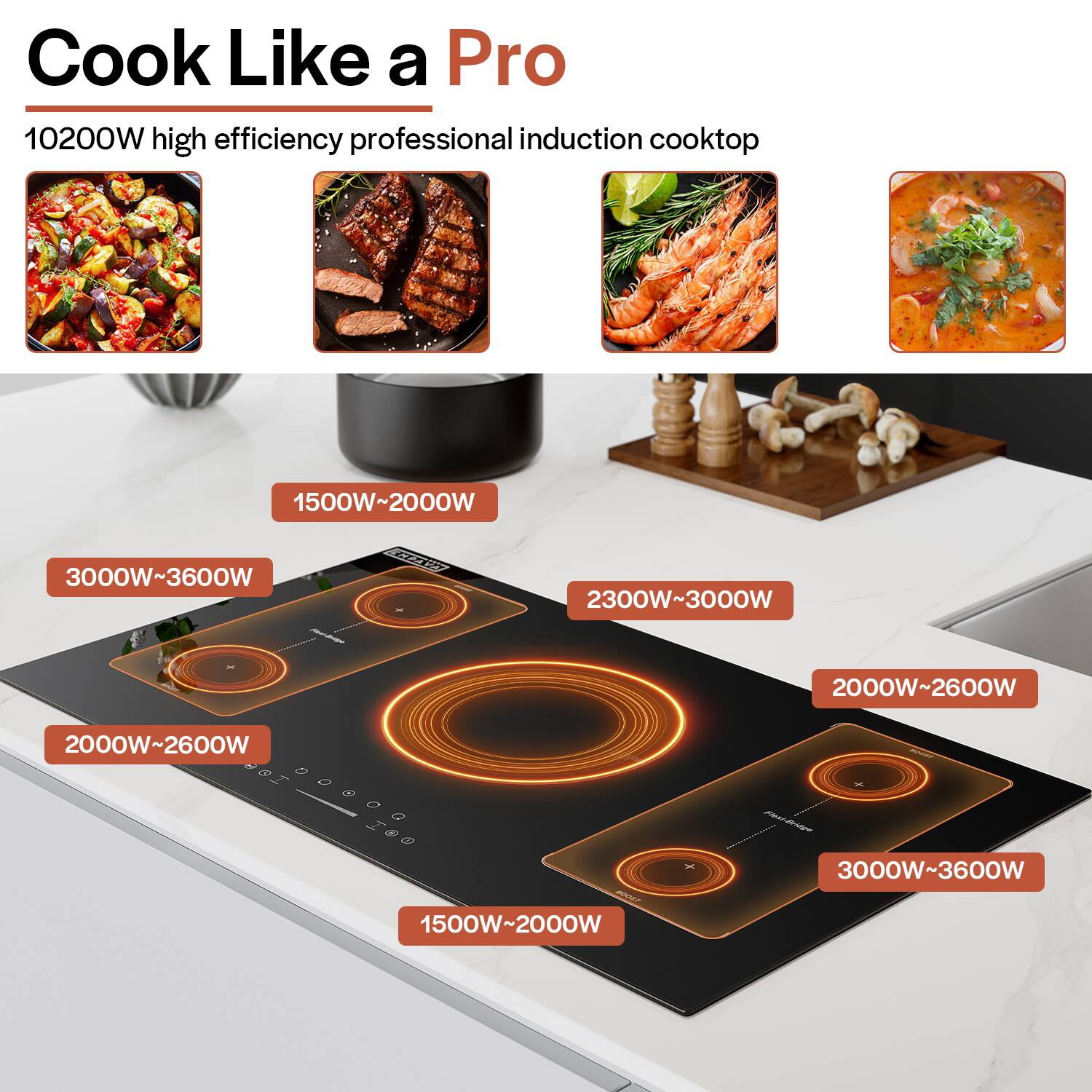 Cook Like a Pro 10200W high efficiency professional induction cooktop

1500W~2000W
3000W~3600W
2300W~3000W
2000W~2600W
2000W~2600W
1500W~2000W