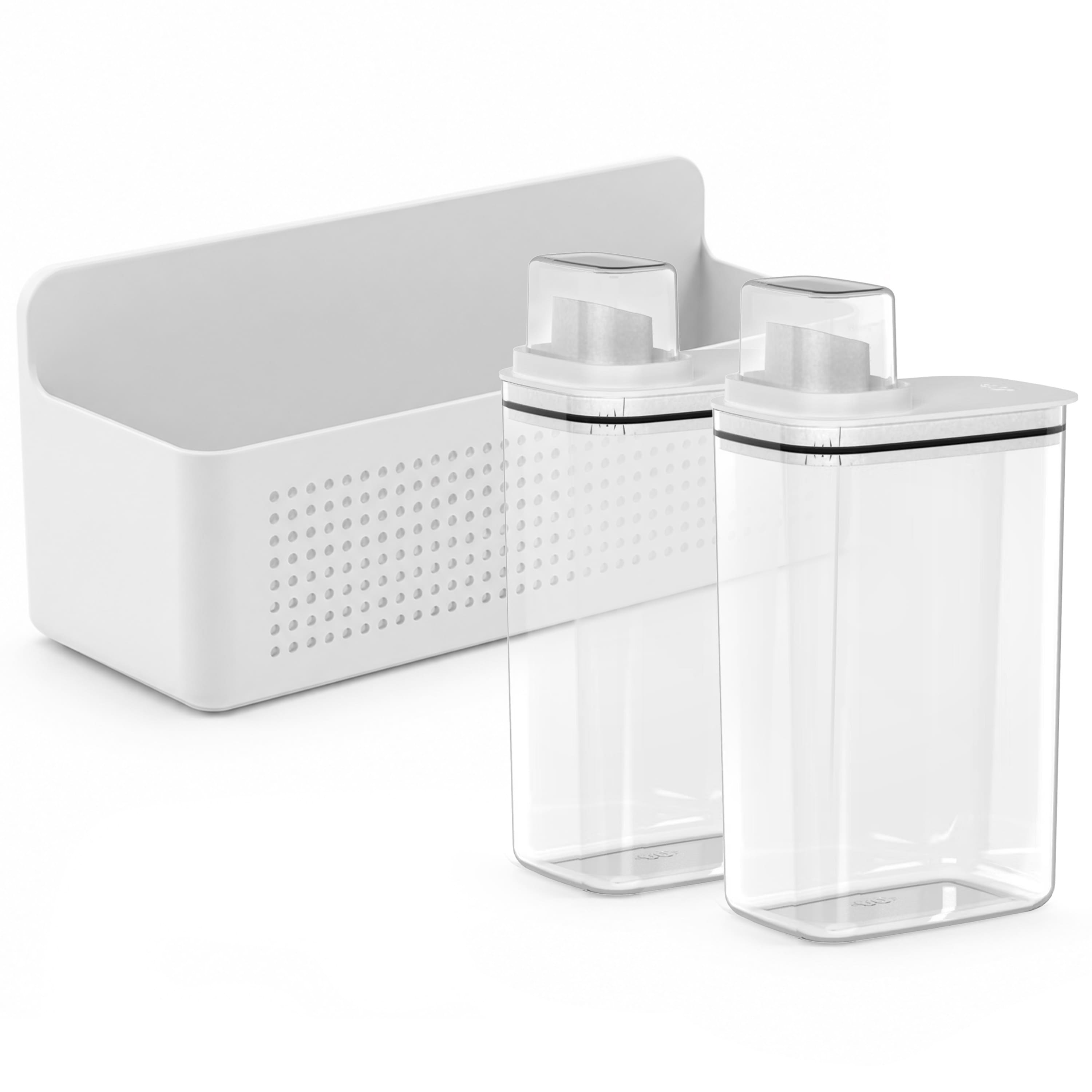 OU - Laundry Detergent Dispenser & Wall Rack Set, 2‑Pack 77 oz Soap Dispensers with Measuring Cap & Hanging Storage Organizer - White
