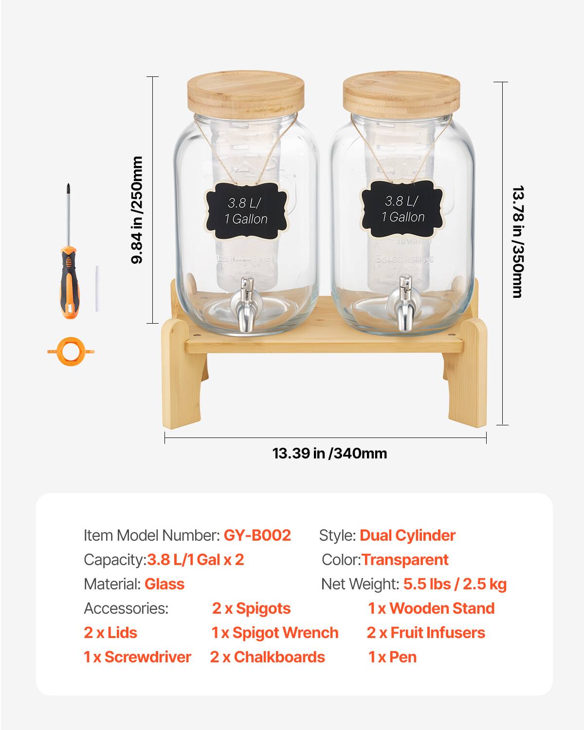 VEVOR - Beverage Dispenser, 2 Pack 1 Gallon Drink Dispensers for Parties, Glass Juice Dispenser with Wood Stand - Transparent - Thumbnail 4
