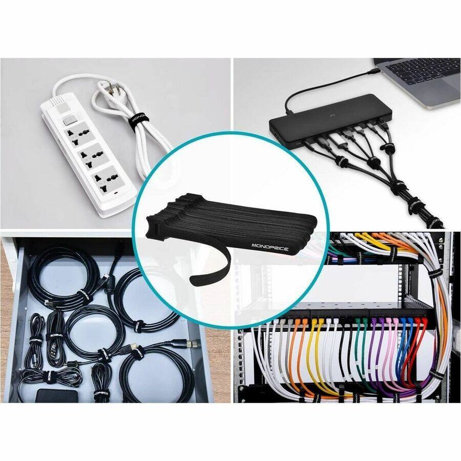 Alt View 1. Monoprice - Monoprice Hook and Loop Fastening Cable Ties, 6in, 50 pcs/pack, Black - Cable Tie - Black - 6" Length - 50 Piece - Black.