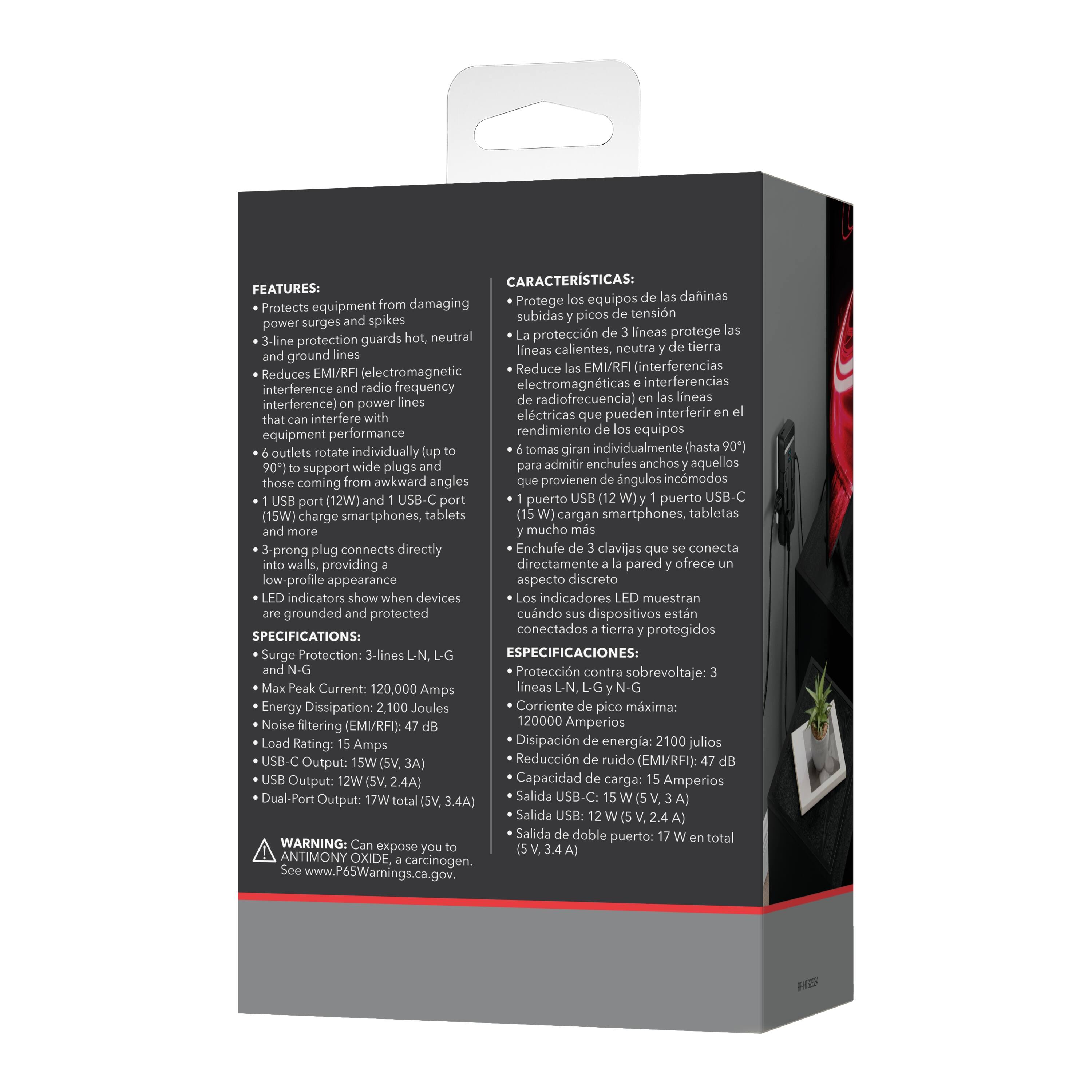 **FEATURES:**
- Protects equipment from damaging power surges and spikes
- 3-line protection guards hot, neutral, and ground lines
- Reduces EMI/RFI (electromagnetic interference and radio frequency interference) on power lines that can interfere with equipment performance
- 6 outlets rotate individually (up to 90°) to support wide plugs and those coming from awkward angles
- 1 USB port (12W) and 1 USB-C port (15W) charge smartphones, tablets and more
- 3-prong plug connects directly into walls, providing a low-profile appearance
- LED indicators show when devices are grounded and protected

**CARACTERÍSTICAS:**
- Protege los equipos de las dañinas subidas y picos de tensión
- Protección de 3 líneas protege las líneas calientes, neutra y de tierra
- Reduce EMI/RFI (interferencias electromagnéticas e interferencias de radio frecuencia) en las líneas eléctricas que pueden interferir el rendimiento de los equipos
- 6 tomas giran individualmente (hasta 90°) para admitir enchufes