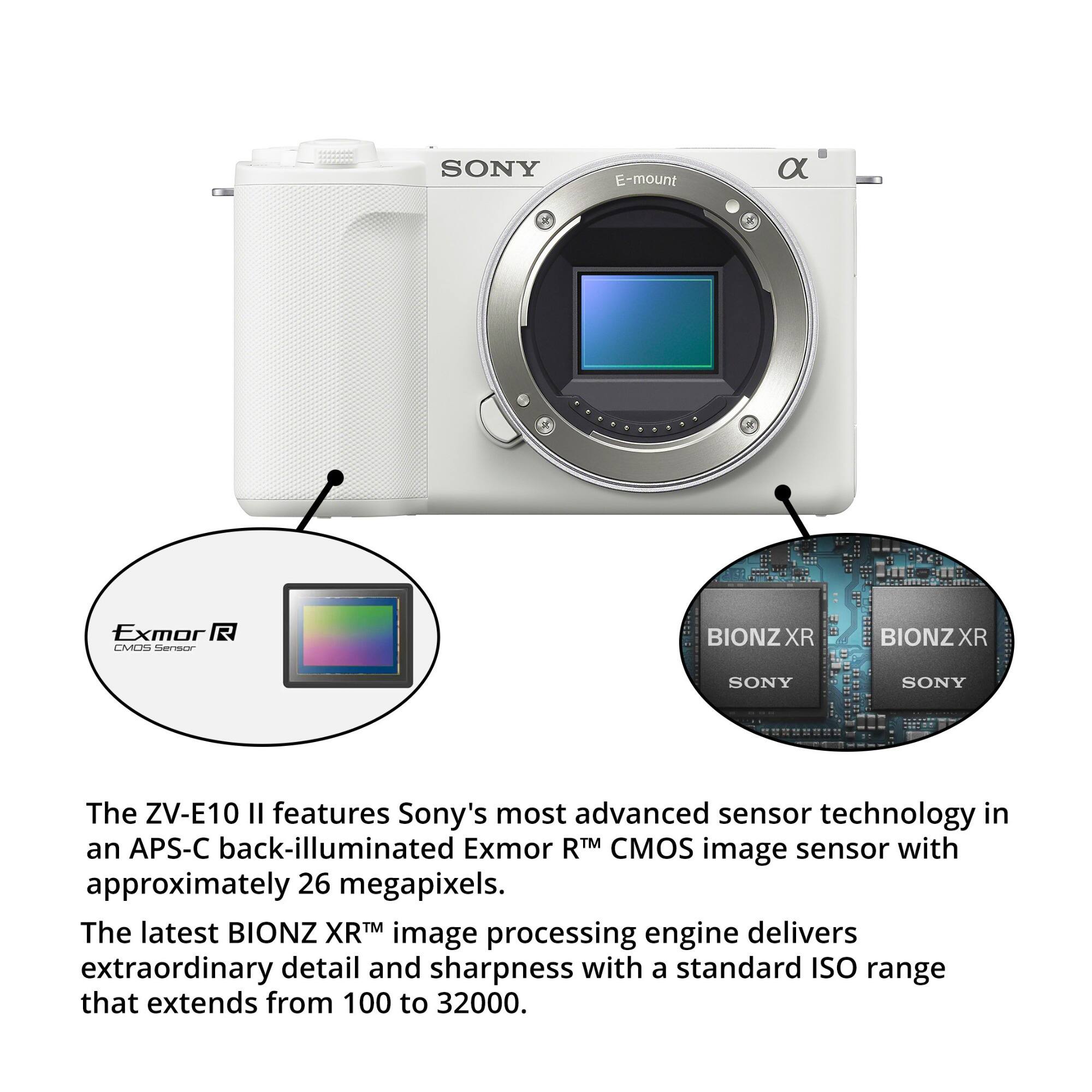 The ZV-E10 II features Sony's most advanced sensor technology in an APS-C back-illuminated Exmor R™ CMOS image sensor with approximately 26 megapixels. The latest BIONZ XR™ image processing engine delivers extraordinary detail and sharpness with a standard ISO range that extends from 100 to 32000.
