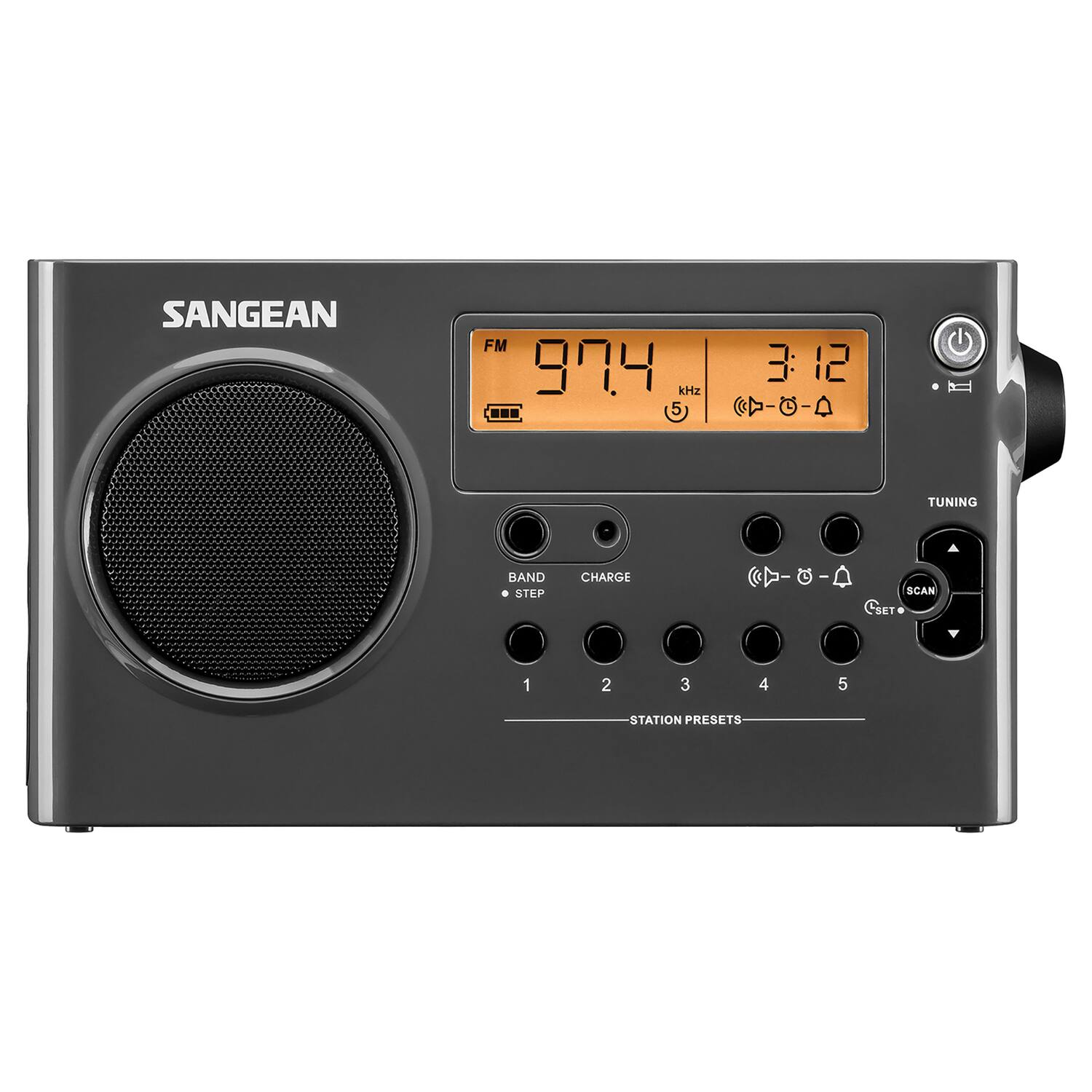 SANGEAN FM 97.4 3:12 kHz 5  
BAND  
STEP  
CHARGE  
SCAN  
SET  
STATION PRESETS 1 2 3 4 5