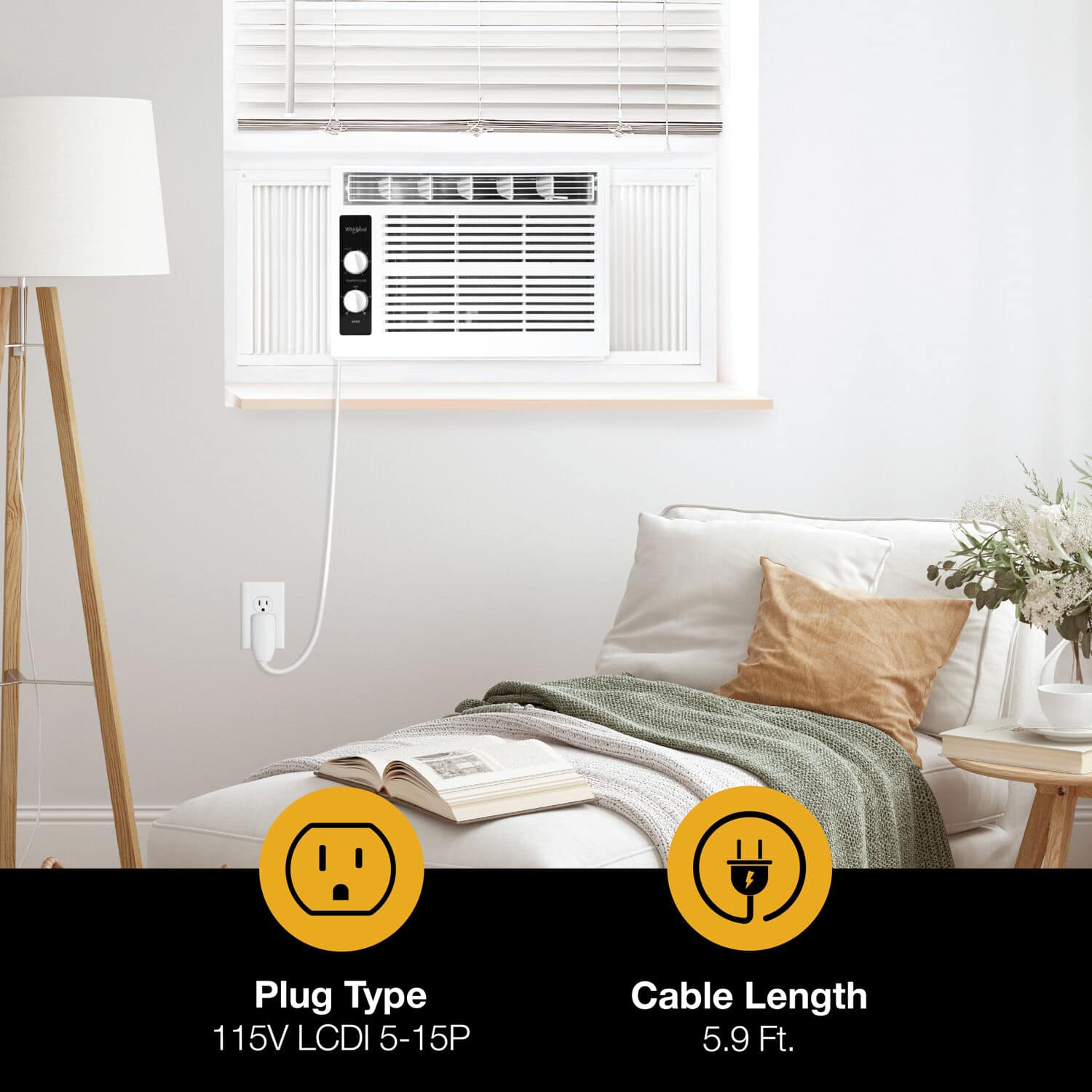 The text on the image reads: "Plug Type: 115V LCDI 5-15P Cable Length: 5.9 Ft."