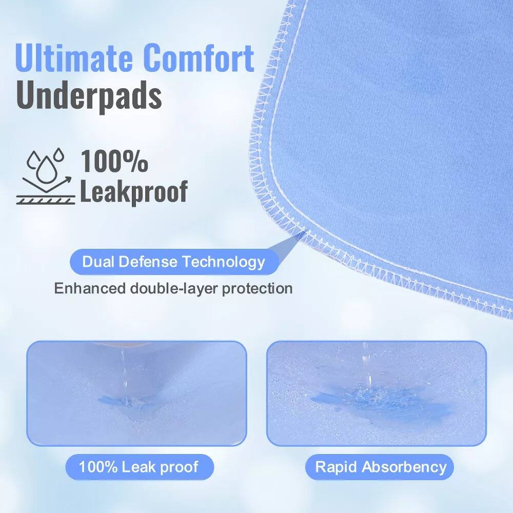Ultimate Comfort Underpads  
100% Leakproof  
Dual Defense Technology  
Enhanced double-layer protection  
100% Leak proof  
Rapid Absorbency