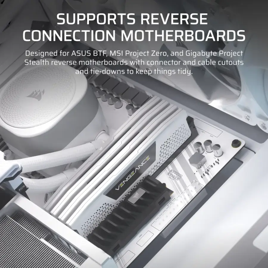 The image features a computer motherboard with a reverse connection, designed for ASUS BTF, MSI Project Zero, and Gigabyte Project. The motherboard has connector and cable cutouts, as well as tie-downs to keep things tidy. The text on the image reads "Supports Reverse Connection Motherboards."