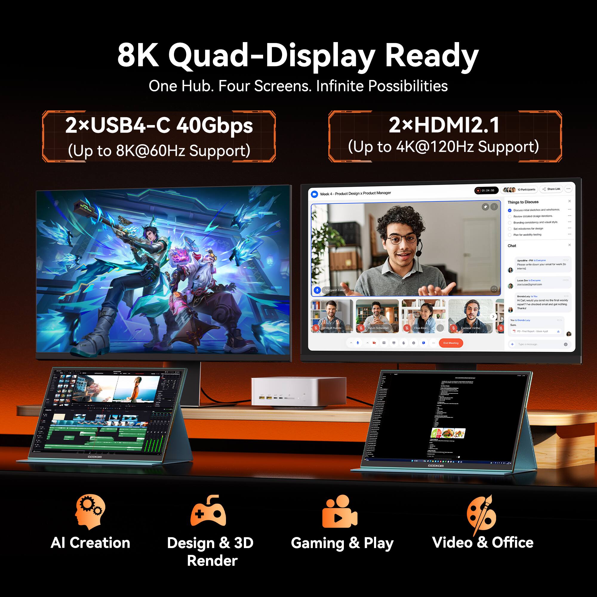 8K Quad-Display Ready  
One Hub. Four Screens. Infinite Possibilities  

2xUSB4-C 40Gbps (Up to 8K@60Hz Support)  
2xHDMI2.1 (Up to 4K@120Hz Support)  

AI Creation  
Design & 3D Render  
Gaming & Play  
Video & Office
