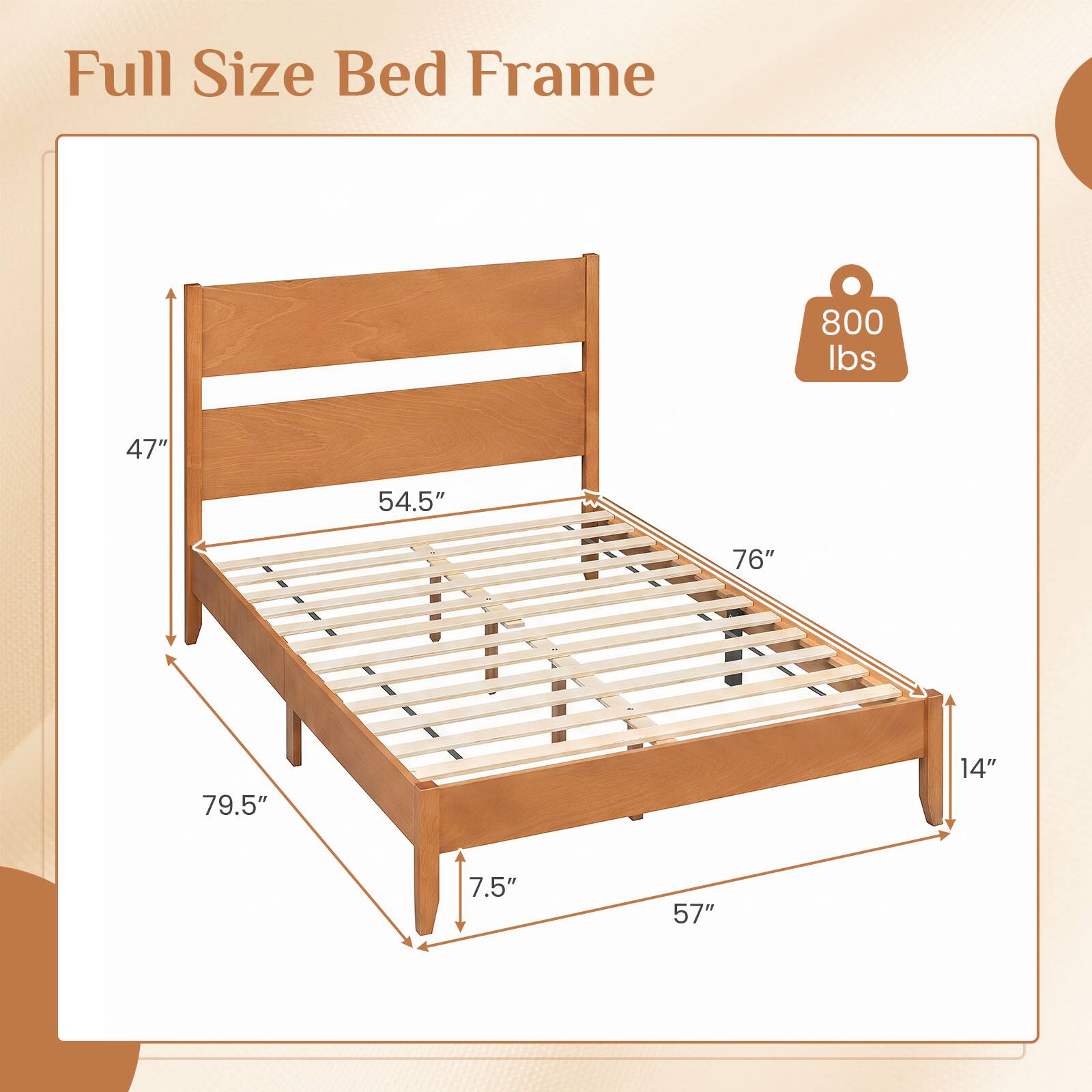 Full Size Bed Frame  
800 lbs  
47" x 54.5" x 76" x 79.5" x 14" x 7.5" x 57"