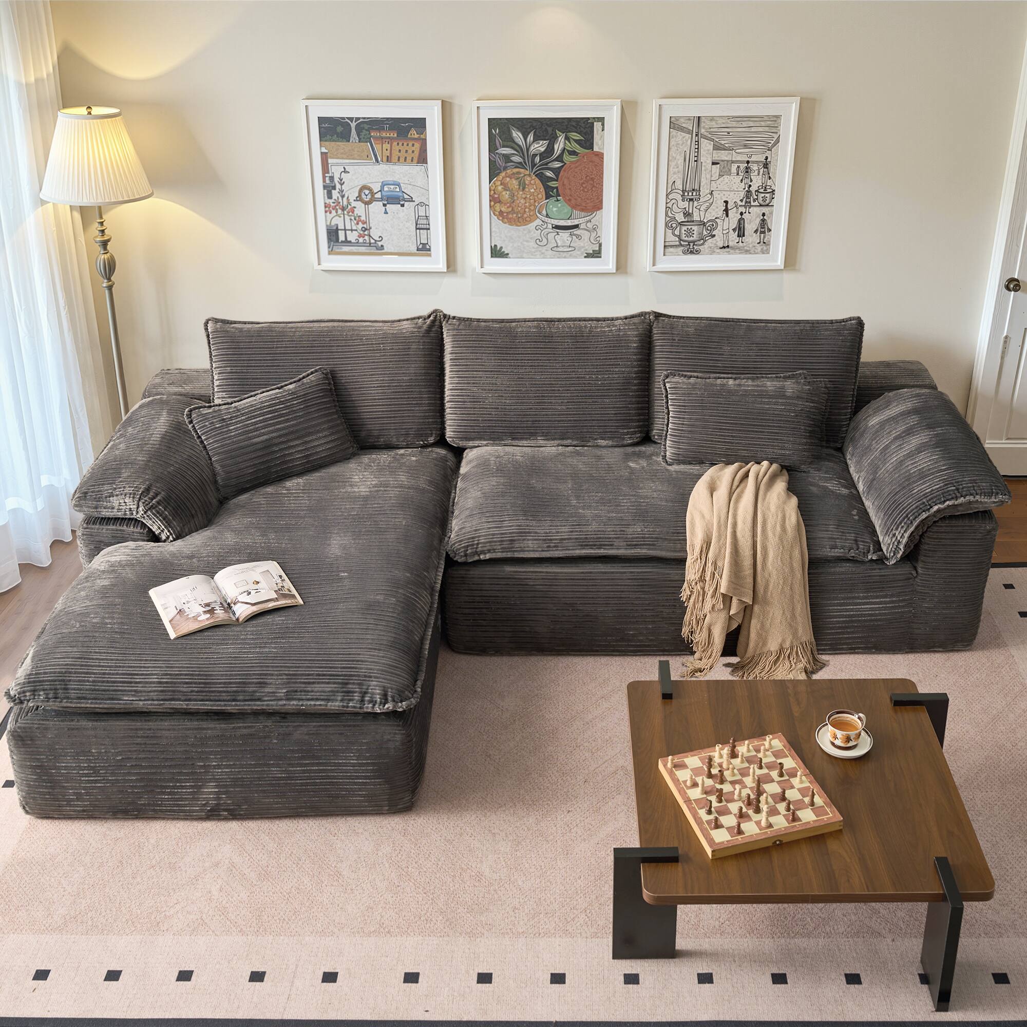 Ovios - 112" Sectional Sofa with Chaise, L Shaped Corduroy Couch for Living Room - Grey(Left Facing)