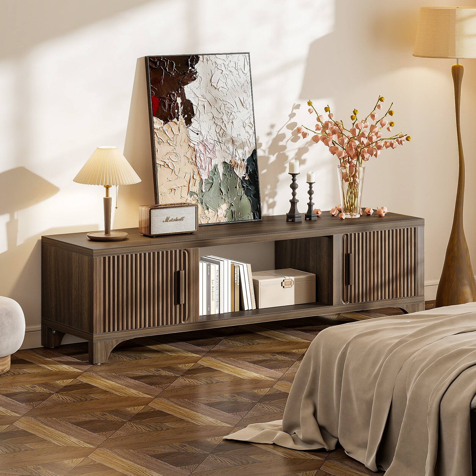 Alt View 5. SKONYON - Mid-Century Modern TV Stand for 70 Inch TV with Storage, Fluted Media Console - Dark Brown.